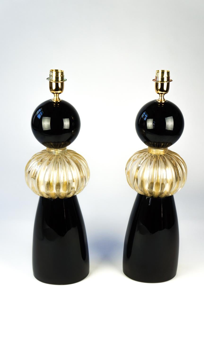 Italian Donà Furnace Mid-Century Modern Black Gold Two of Murano Glass Table Lamps, 1985 For Sale