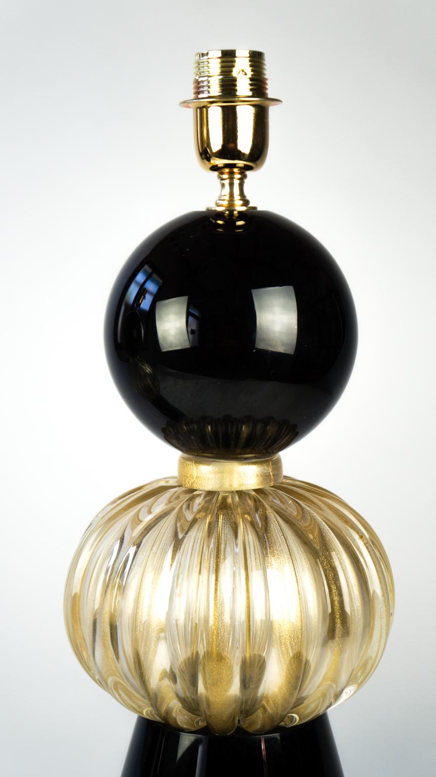 Late 20th Century Donà Furnace Mid-Century Modern Black Gold Two of Murano Glass Table Lamps, 1985 For Sale