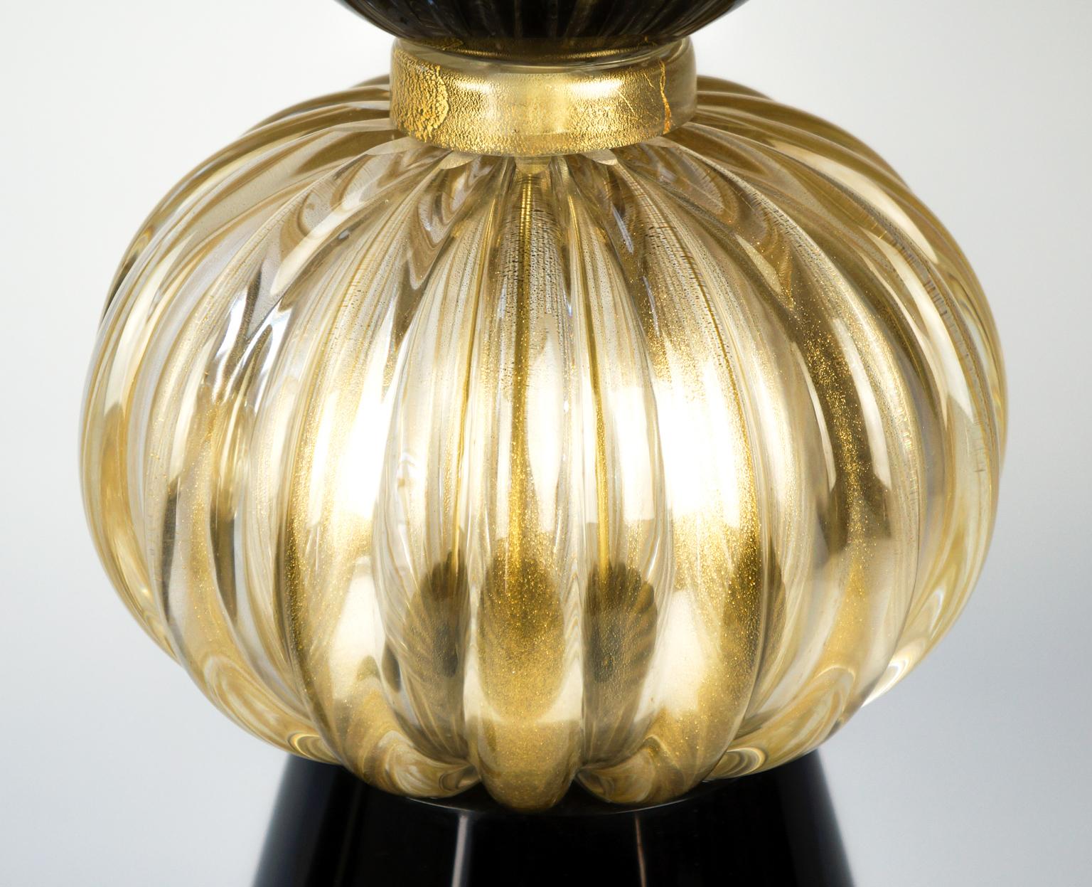 Donà Furnace Mid-Century Modern Black Gold Two of Murano Glass Table Lamps, 1985 For Sale 2