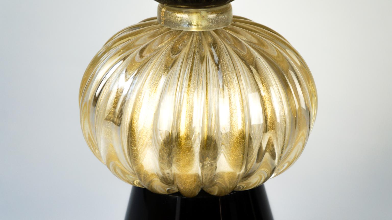 Donà Furnace Mid-Century Modern Black Gold Two of Murano Glass Table Lamps, 1985 For Sale 3