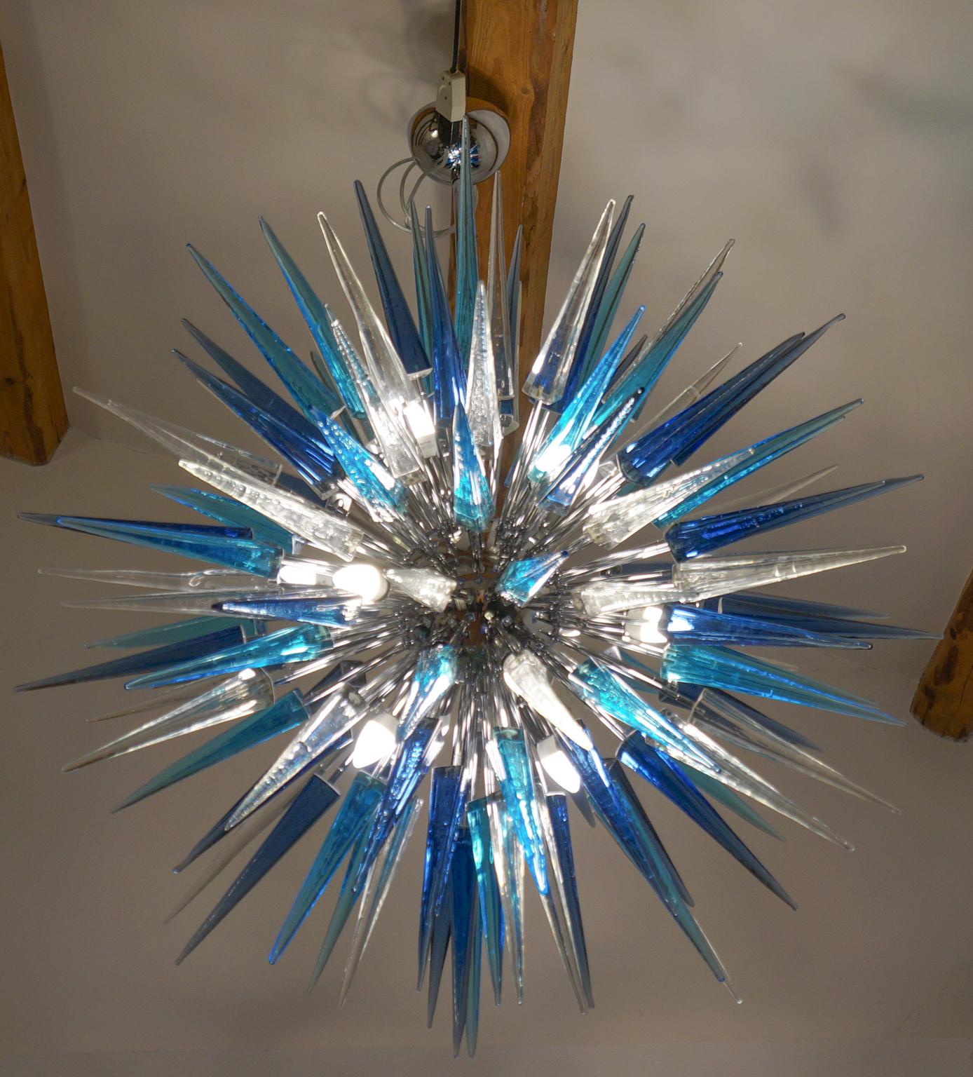 Dona Furnace Mid-Century Modern Crystal Blue Murano Glass Chandelier, 1998 For Sale 5