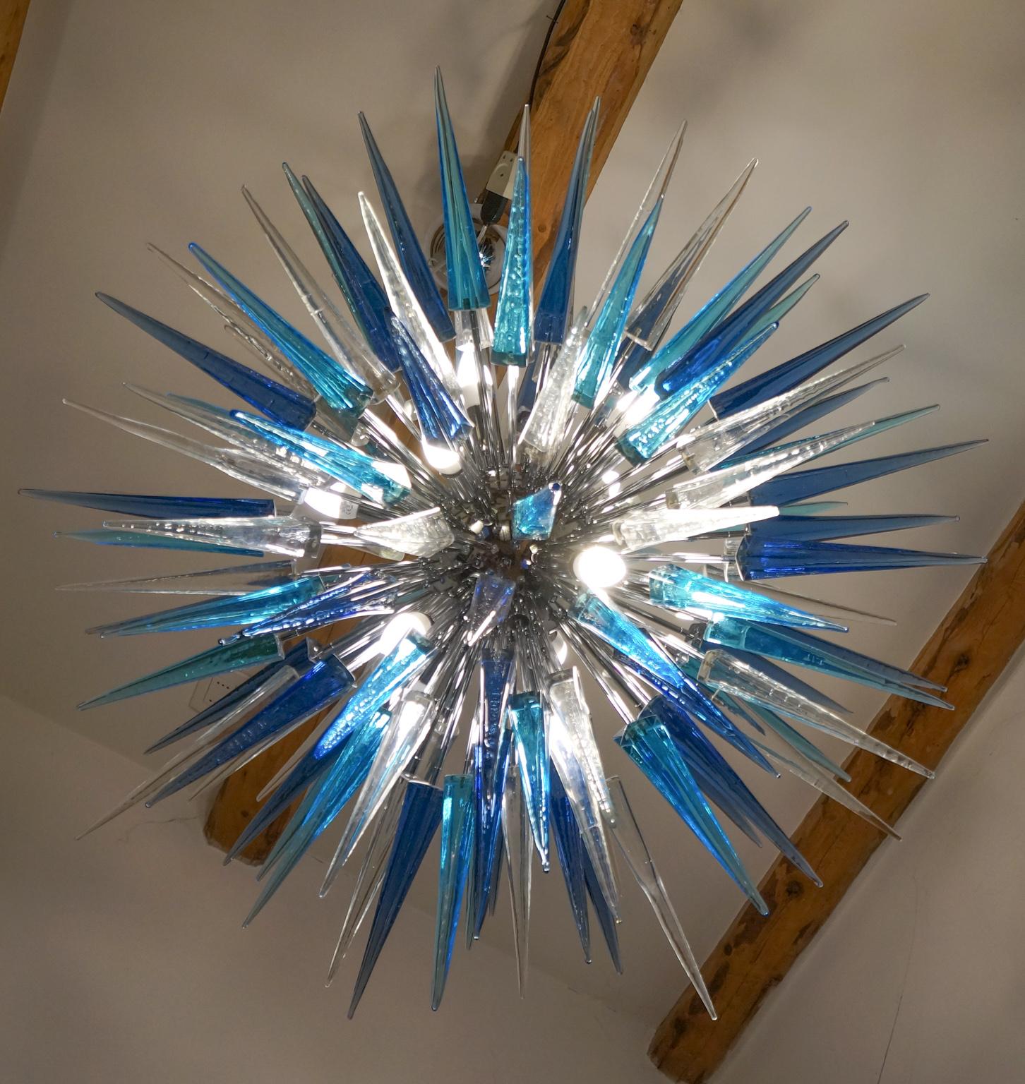 Dona Furnace Mid-Century Modern Crystal Blue Murano Glass Chandelier, 1998 For Sale 6
