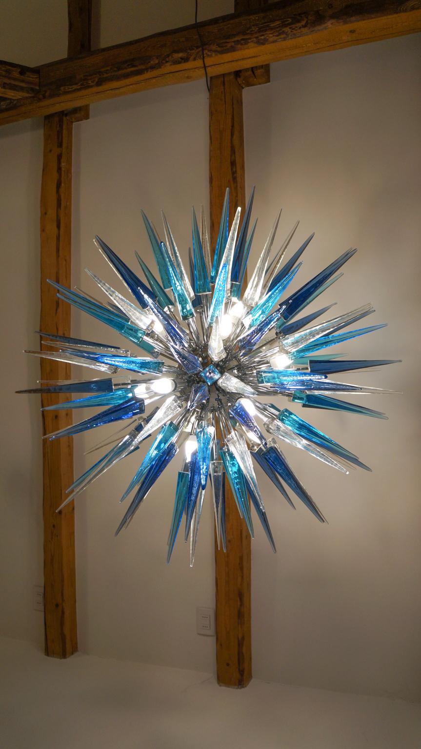 Dona Furnace Mid-Century Modern Crystal Blue Murano Glass Chandelier, 1998 For Sale 11
