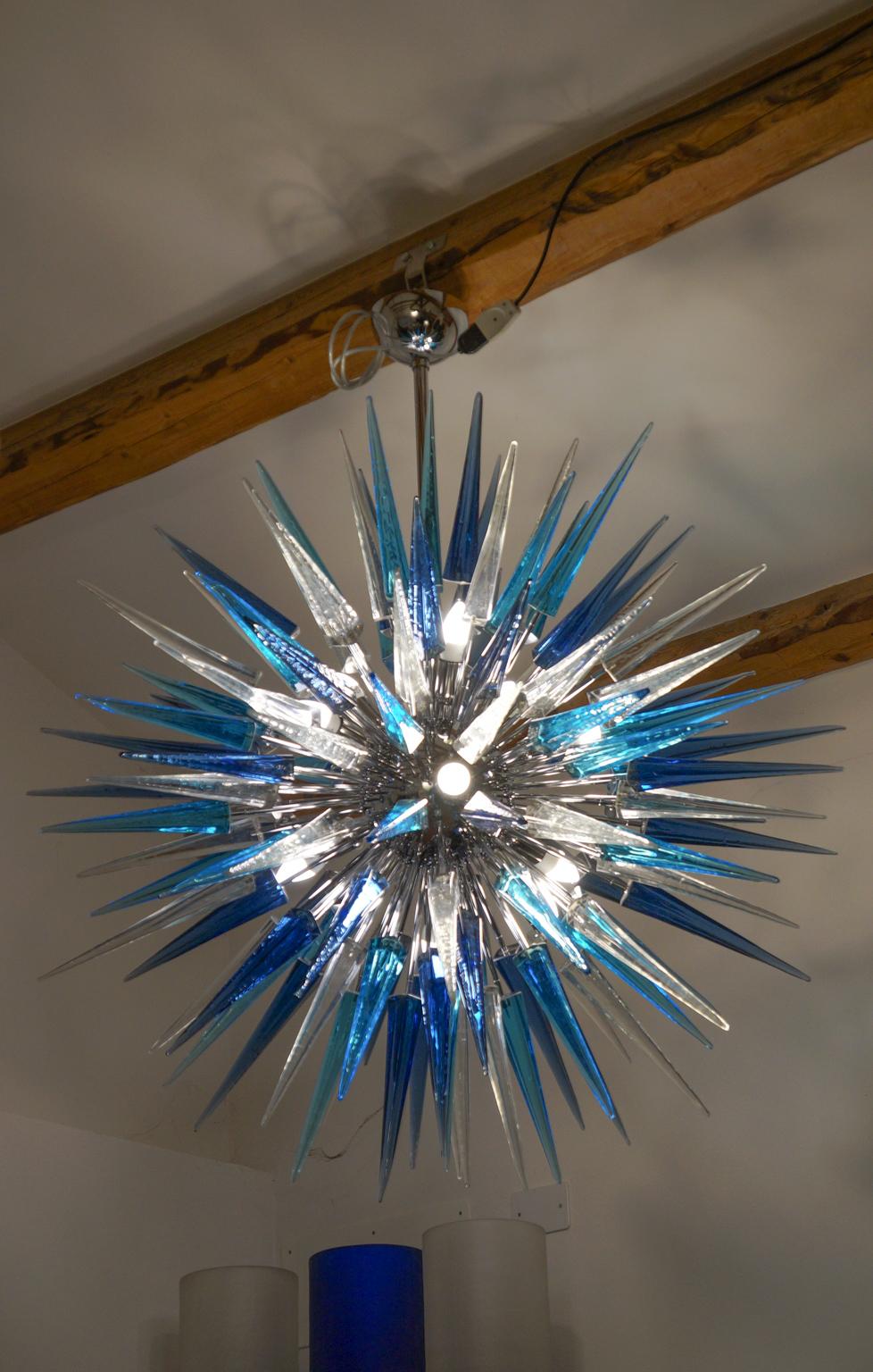 Dona Furnace Mid-Century Modern Crystal Blue Murano Glass Chandelier, 1998 For Sale 13