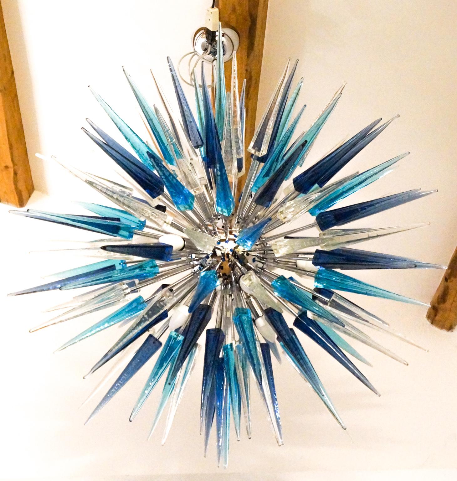 Dona Furnace Mid-Century Modern Crystal Blue Murano Glass Chandelier, 1998 For Sale 14
