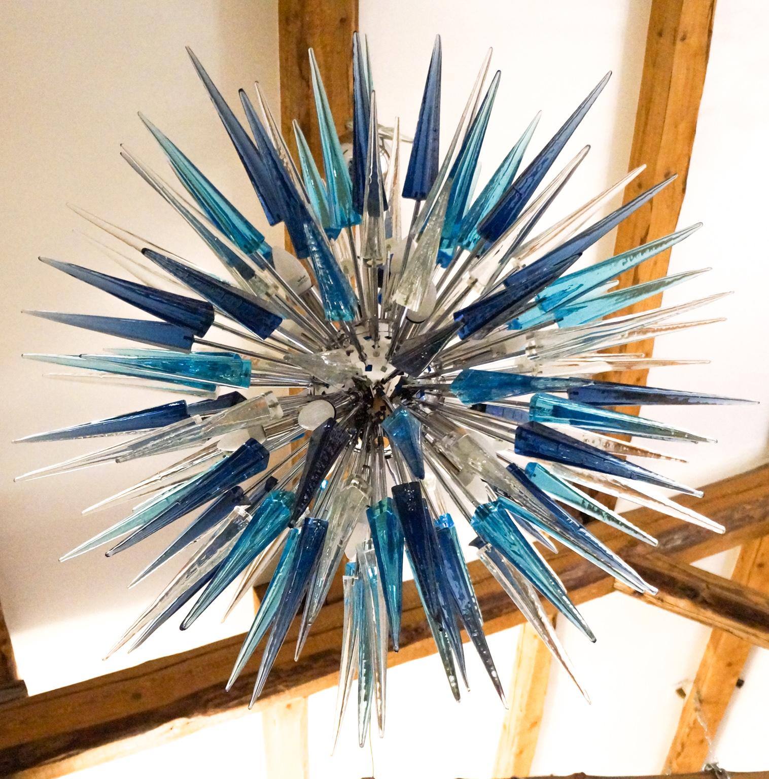 Art Glass Dona Furnace Mid-Century Modern Crystal Blue Murano Glass Chandelier, 1998 For Sale