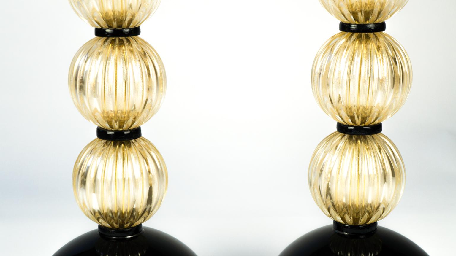 Donà Furnace Mid-Century Modern Gold Black Two of Murano Glass Table Lamps, 1985 For Sale 4