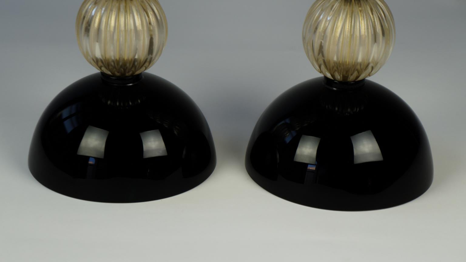 Donà Furnace Mid-Century Modern Gold Black Two of Murano Glass Table Lamps, 1985 For Sale 5