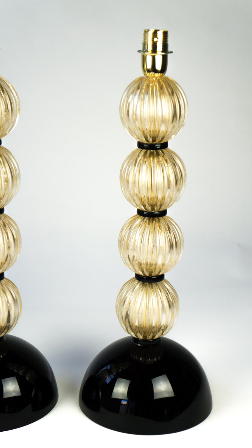 Donà Furnace Mid-Century Modern Gold Black Two of Murano Glass Table Lamps, 1985 For Sale 6