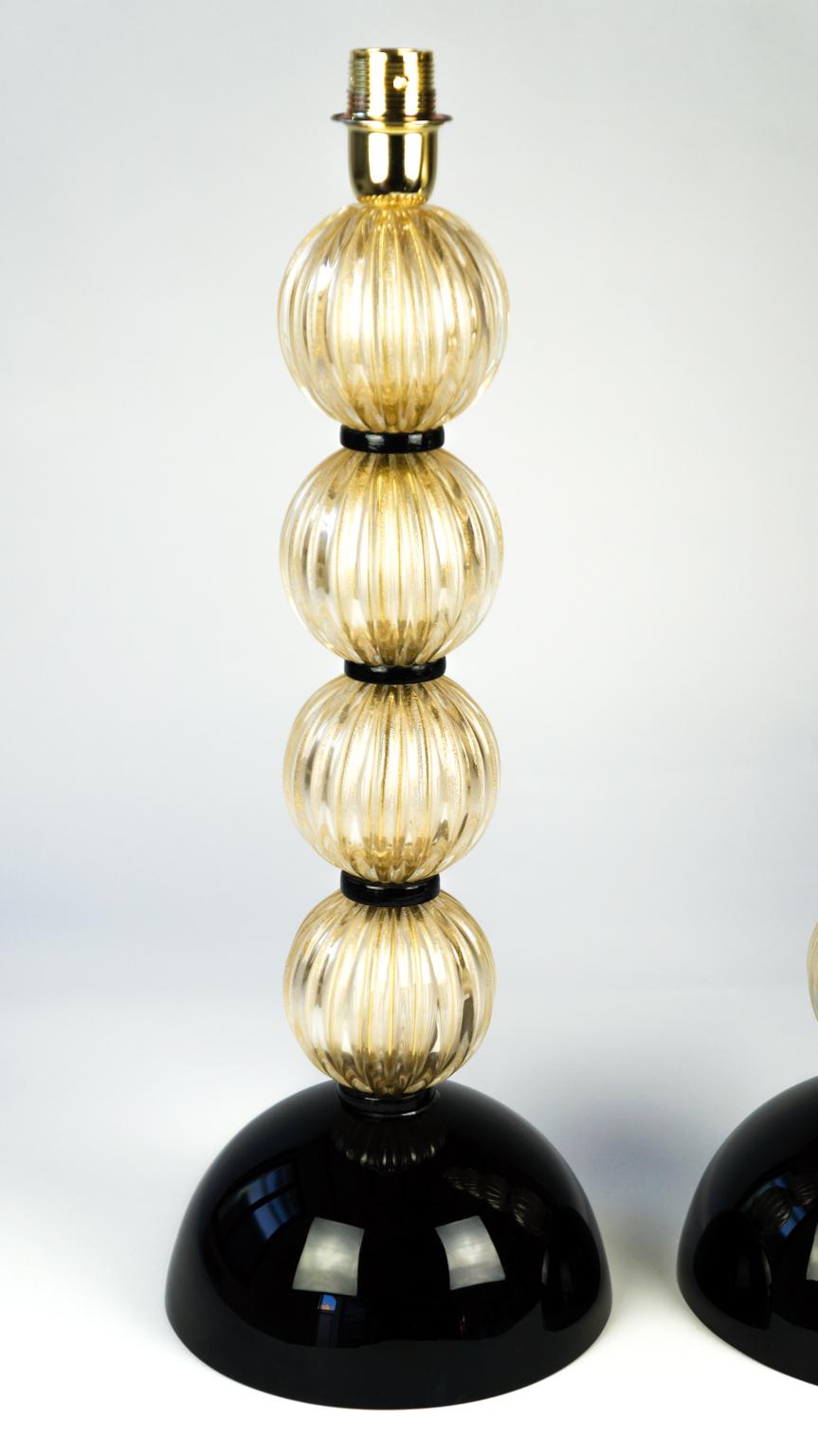 Donà Furnace Mid-Century Modern Gold Black Two of Murano Glass Table Lamps, 1985 For Sale 7