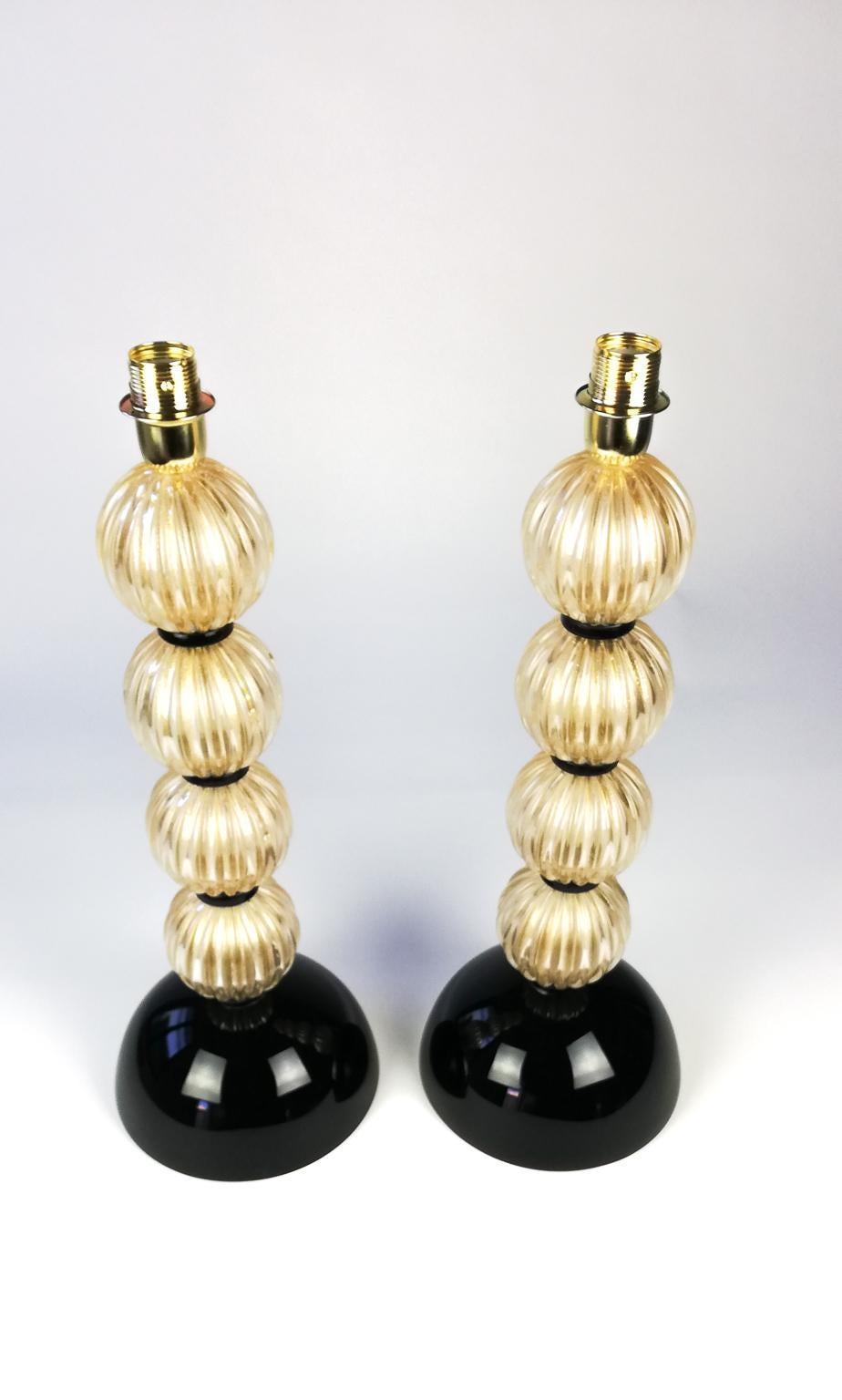 Donà Furnace Mid-Century Modern Gold Black Two of Murano Glass Table Lamps, 1985 For Sale 8