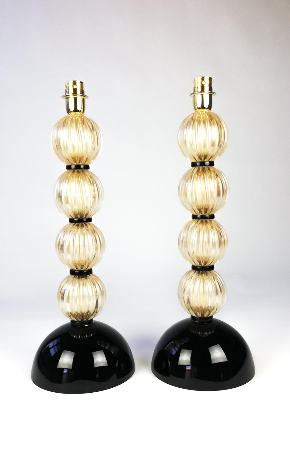 Donà Furnace Mid-Century Modern Gold Black Two of Murano Glass Table Lamps, 1985 For Sale 9