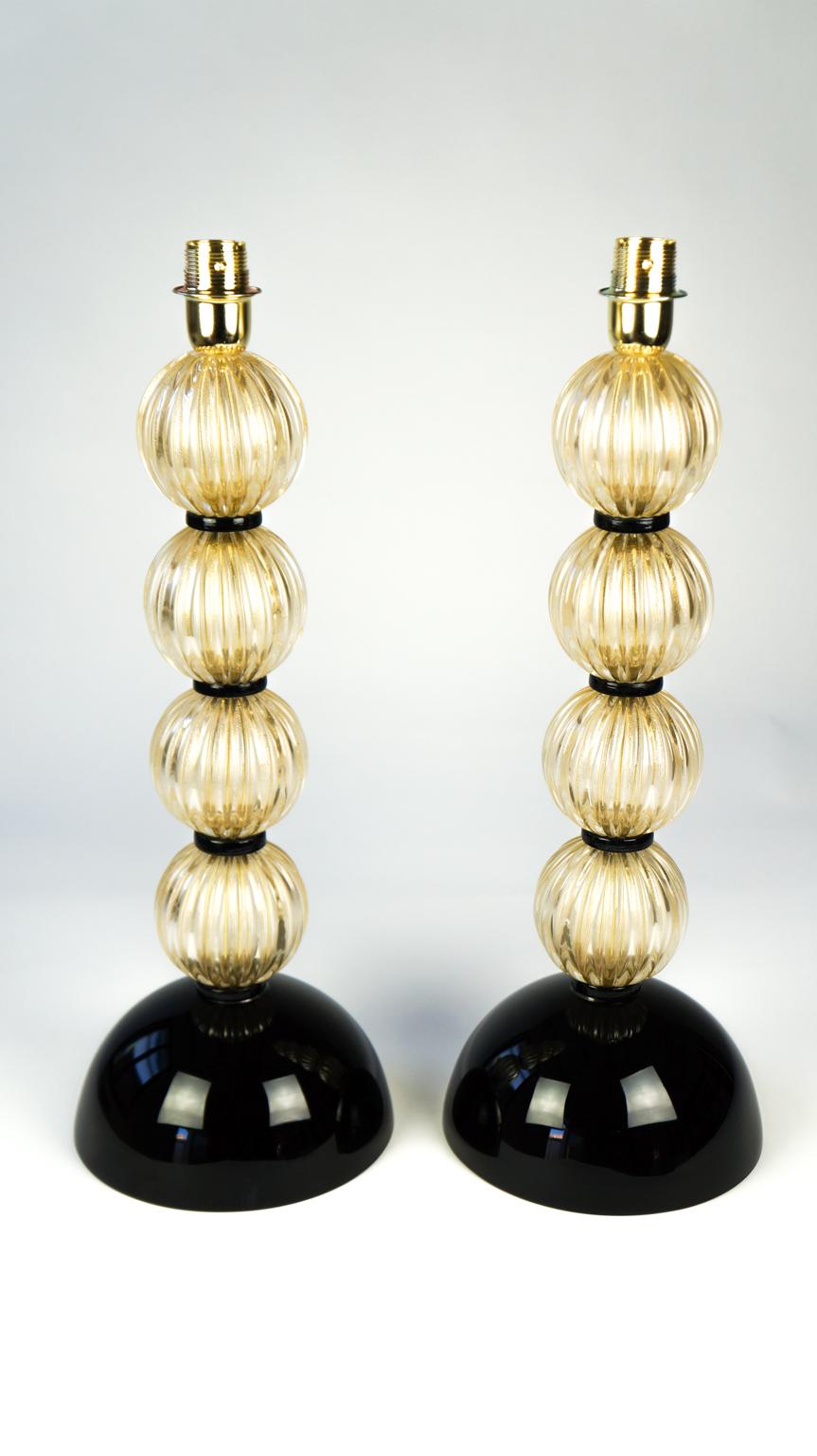 Italian Donà Furnace Mid-Century Modern Gold Black Two of Murano Glass Table Lamps, 1985 For Sale