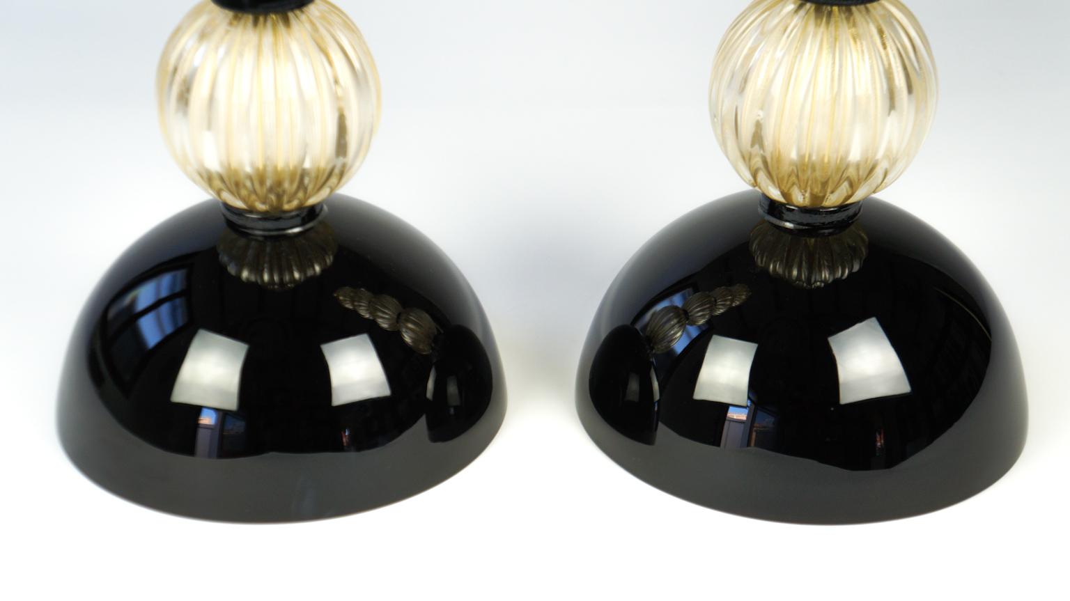Late 20th Century Donà Furnace Mid-Century Modern Gold Black Two of Murano Glass Table Lamps, 1985 For Sale
