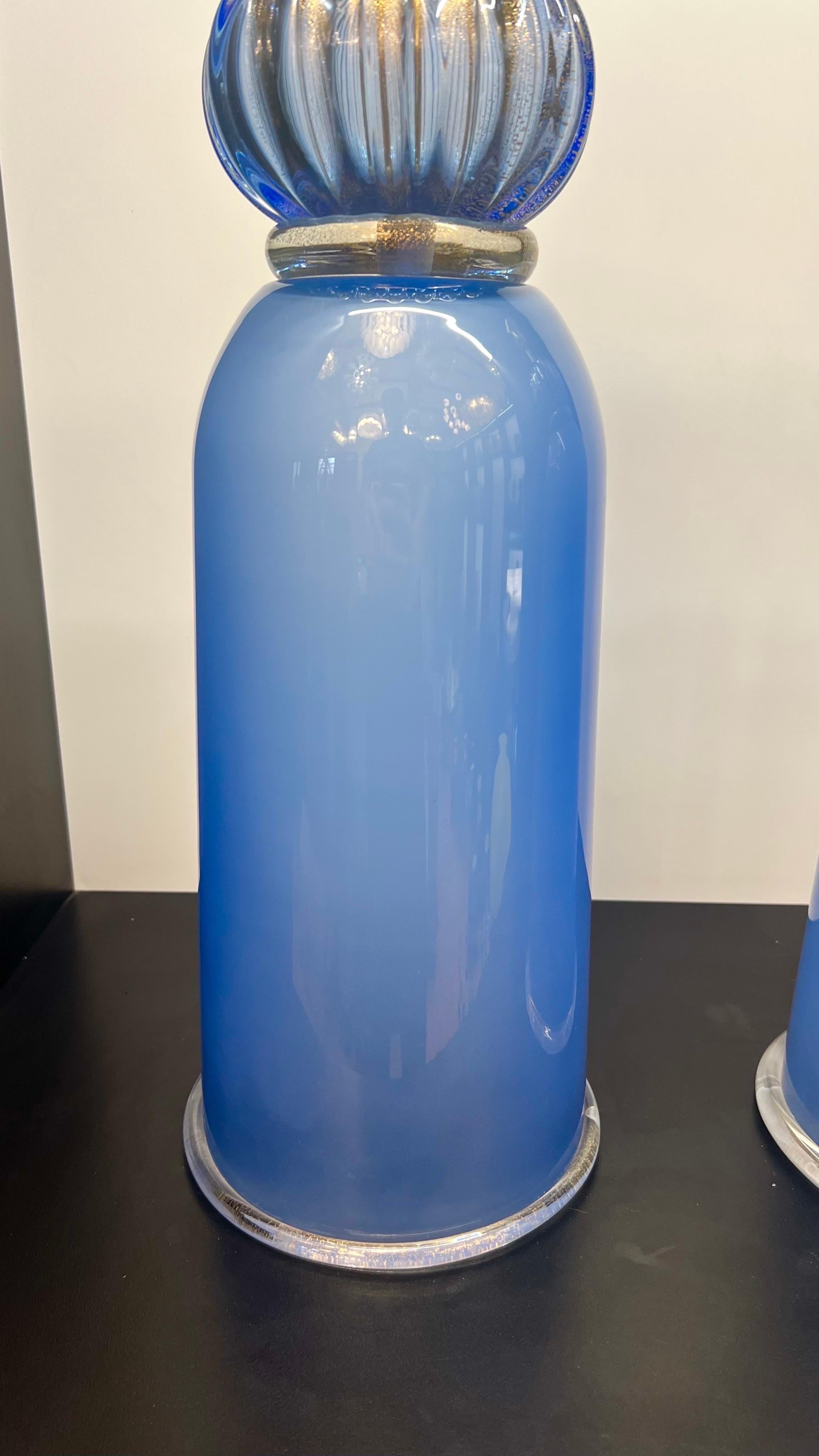 Donà Furnace Mid-Century Modern Light Blue Two Murano Glass Table Lamps 2024 en vente 5