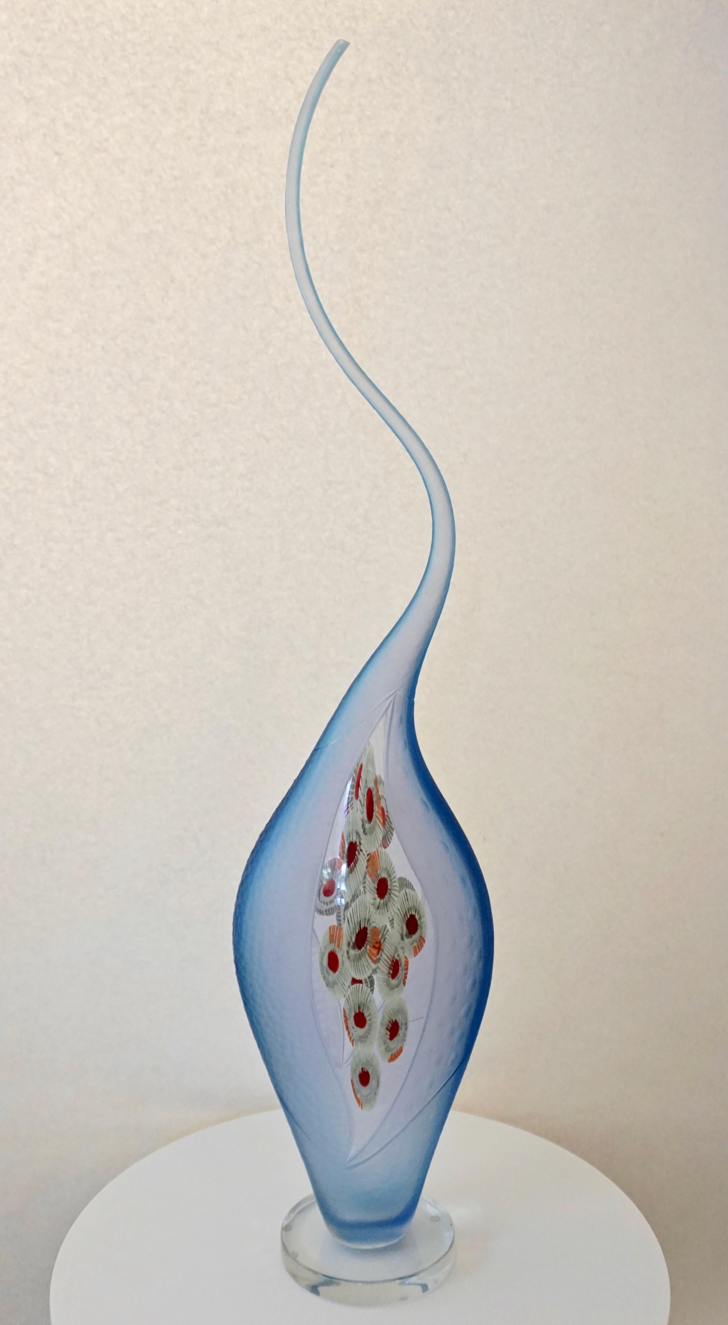 Dona Modern Art Glass Aqua Blue Sculpture Vase with Red and Yellow Murrine 9