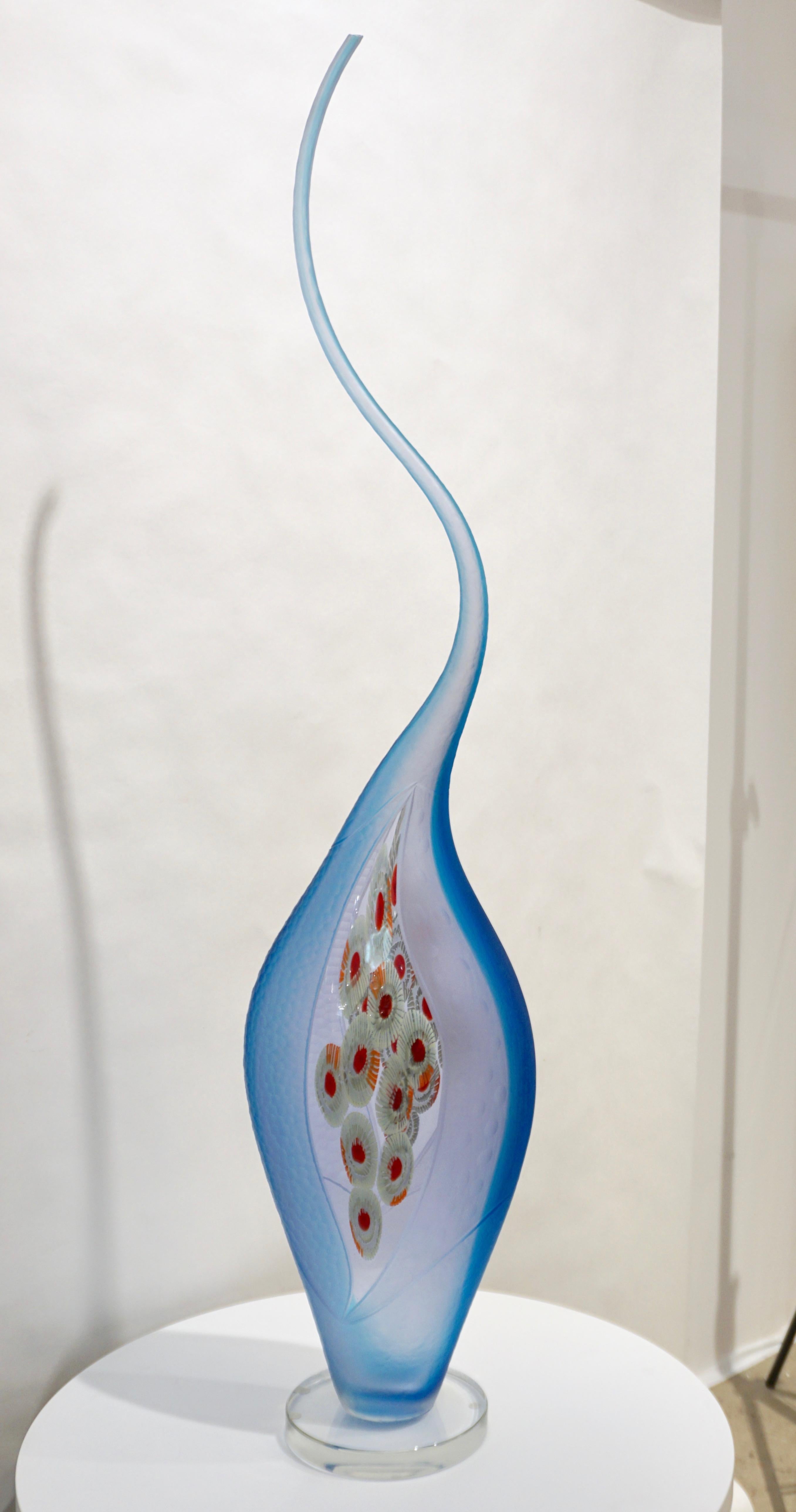 Monumental Italian Art Glass vase, one of a kind Work of Art by Alberto Donà, in blown Murano glass. The crystal overlaying body tinted with Alexandrite has violet purple and blue reflections, skillfully embraced by a turquoise aquamarine border and