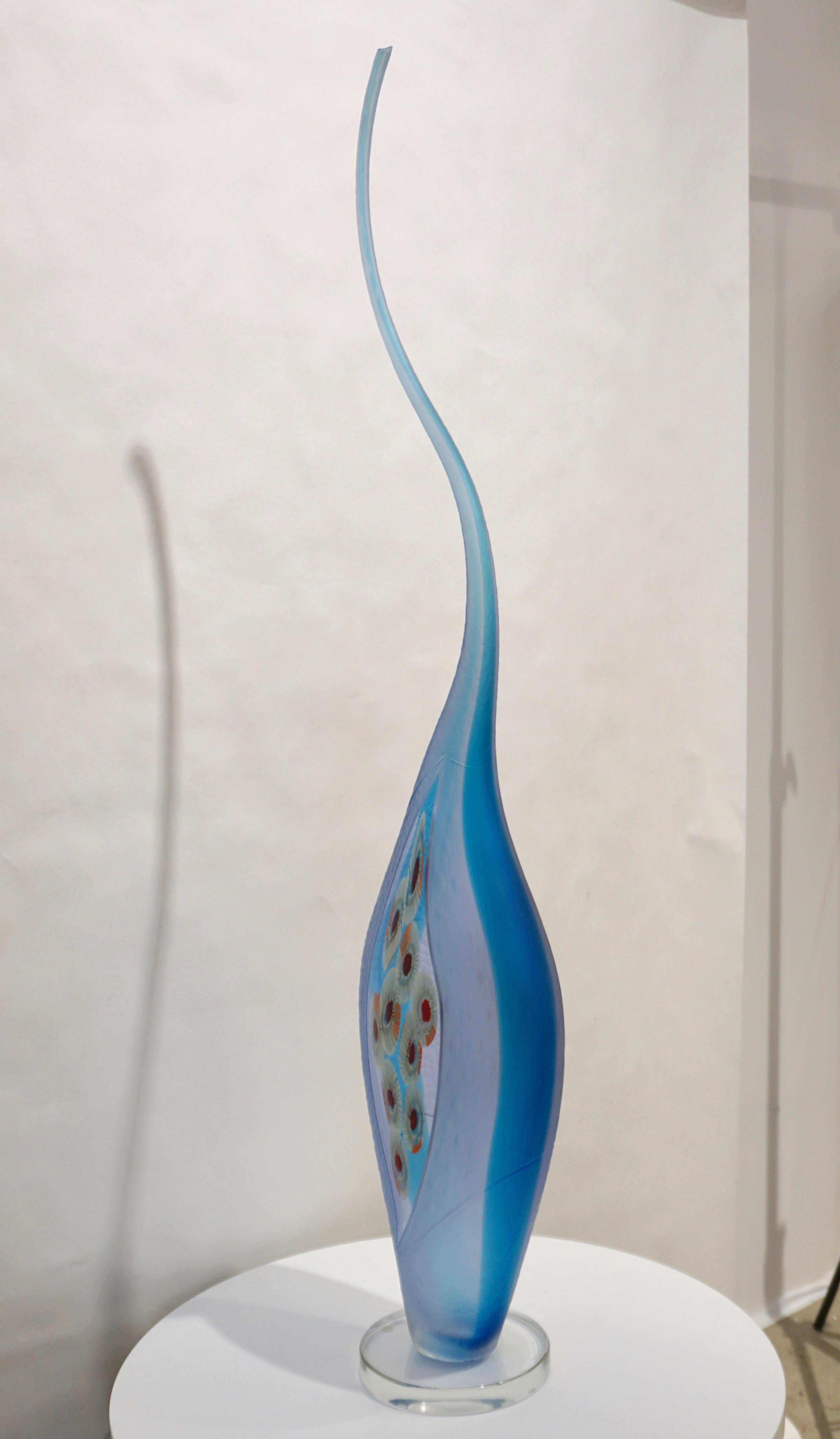 Italian Dona Modern Art Glass Aqua Blue Sculpture Vase with Red and Yellow Murrine