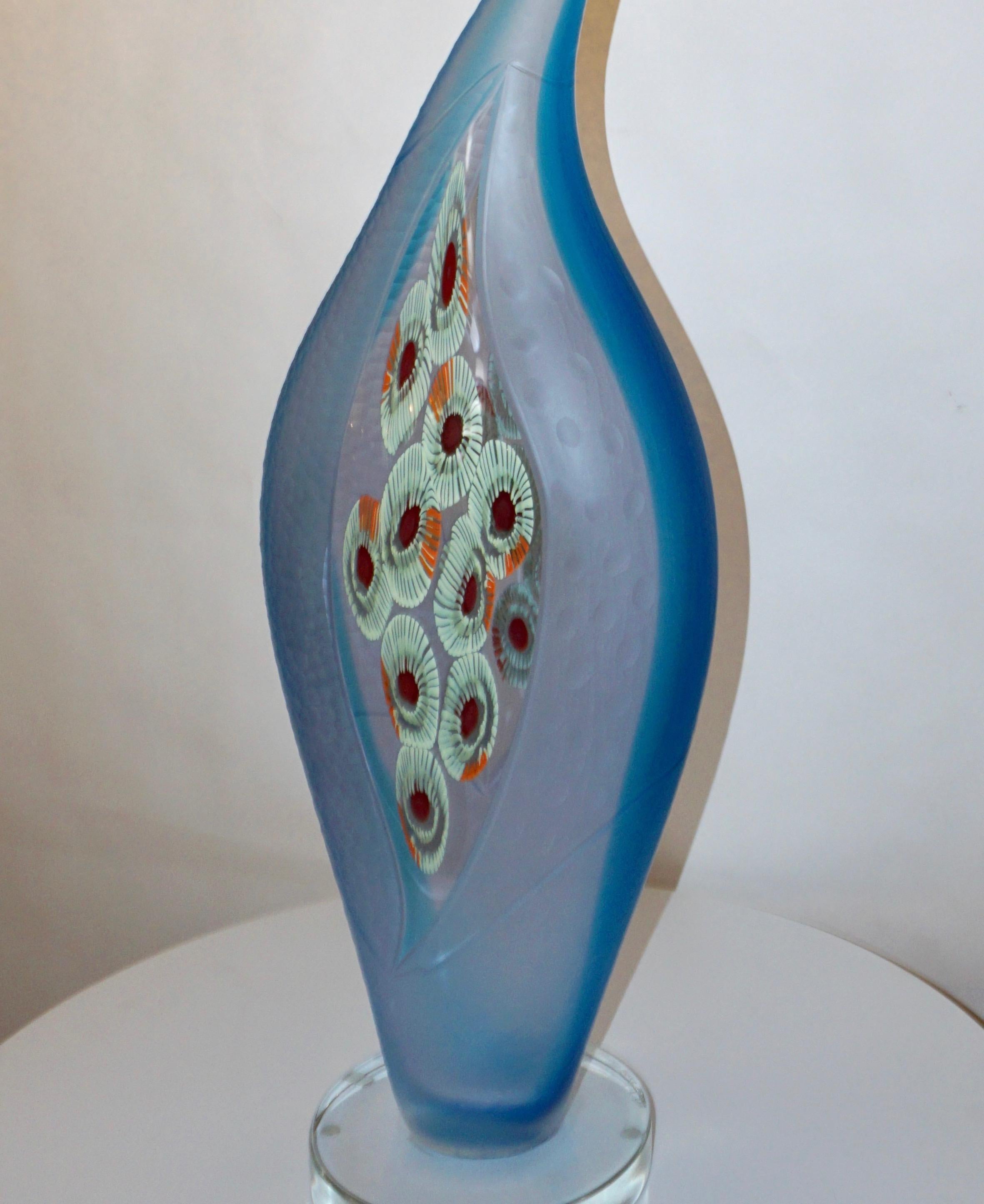 Dona Modern Art Glass Aqua Blue Sculpture Vase with Red and Yellow Murrine 1