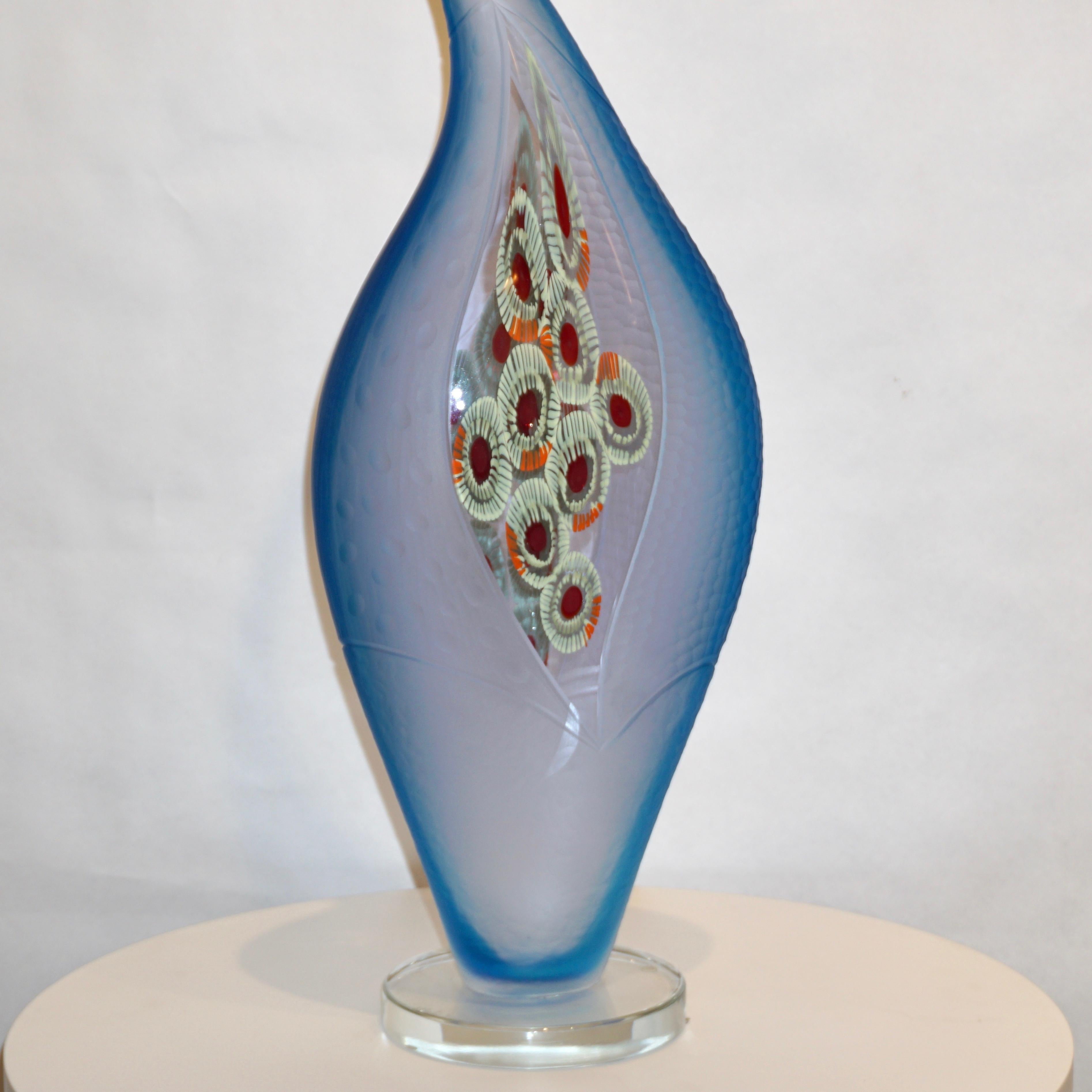 Dona Modern Art Glass Aqua Blue Sculpture Vase with Red and Yellow Murrine 2