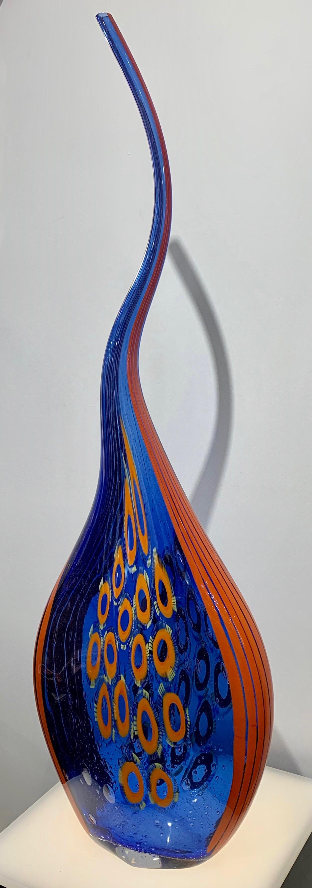 Donà Modern Art Glass Blue and Orange Sculpture Vase with Red and Yellow Murrine 3