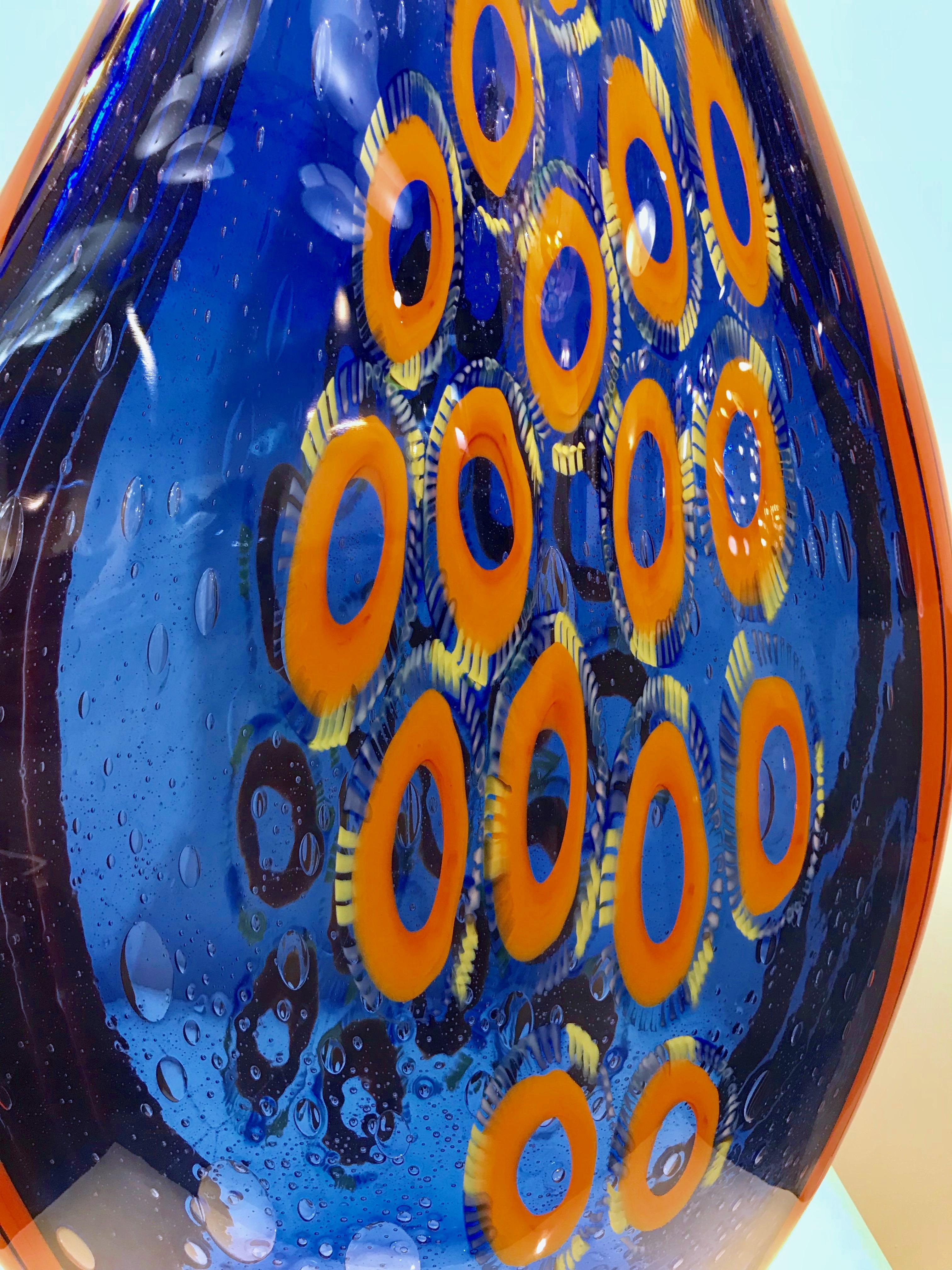 Hand-Crafted Donà Modern Art Glass Blue and Orange Sculpture Vase with Red and Yellow Murrine