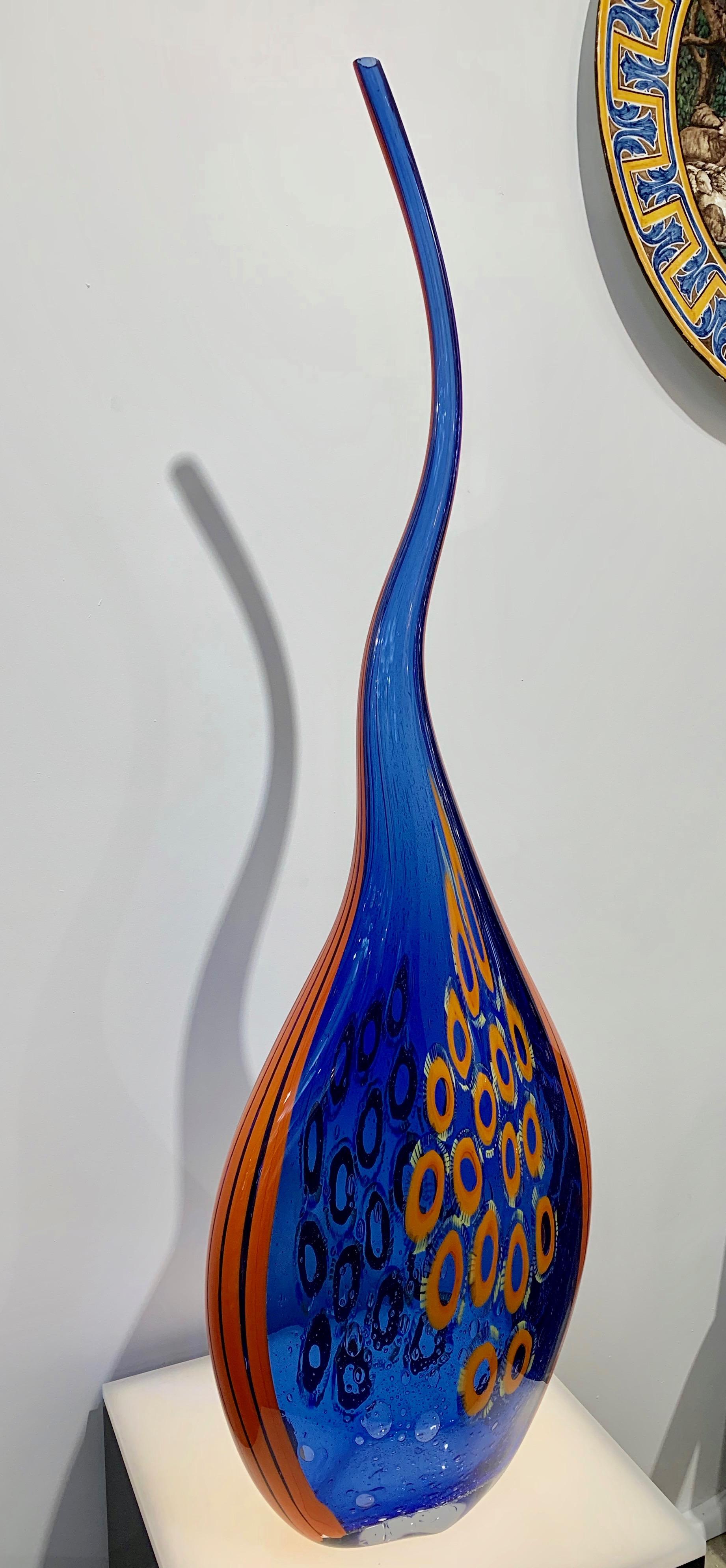 Donà Modern Art Glass Blue and Orange Sculpture Vase with Red and Yellow Murrine In Excellent Condition In New York, NY