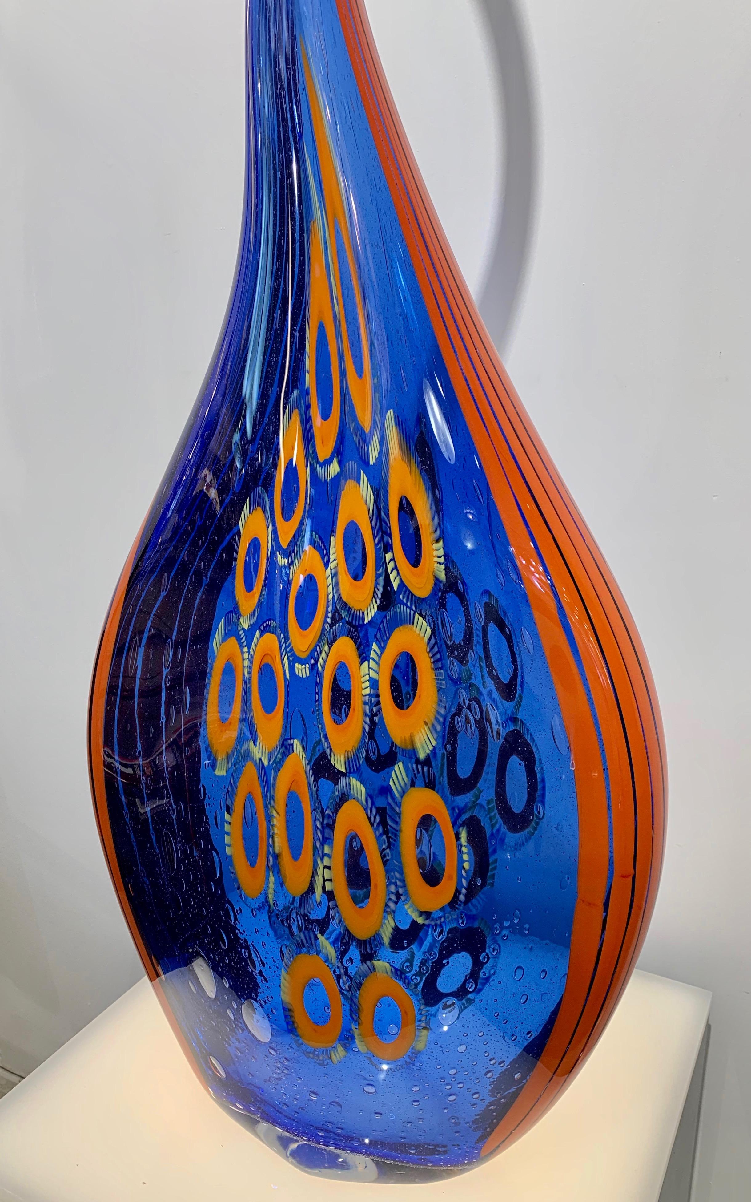 Contemporary Donà Modern Art Glass Blue and Orange Sculpture Vase with Red and Yellow Murrine