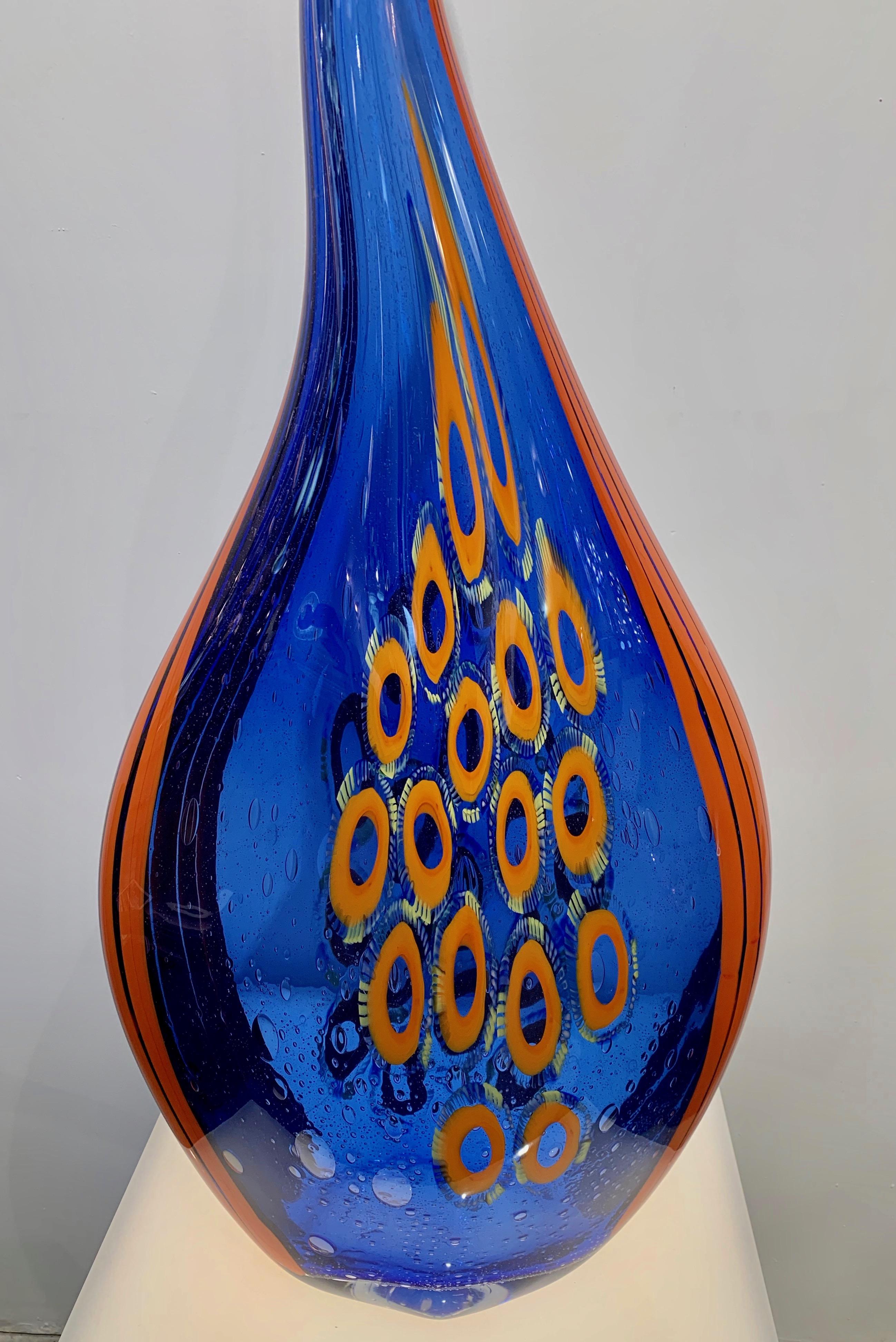 Donà Modern Art Glass Blue and Orange Sculpture Vase with Red and Yellow Murrine 1