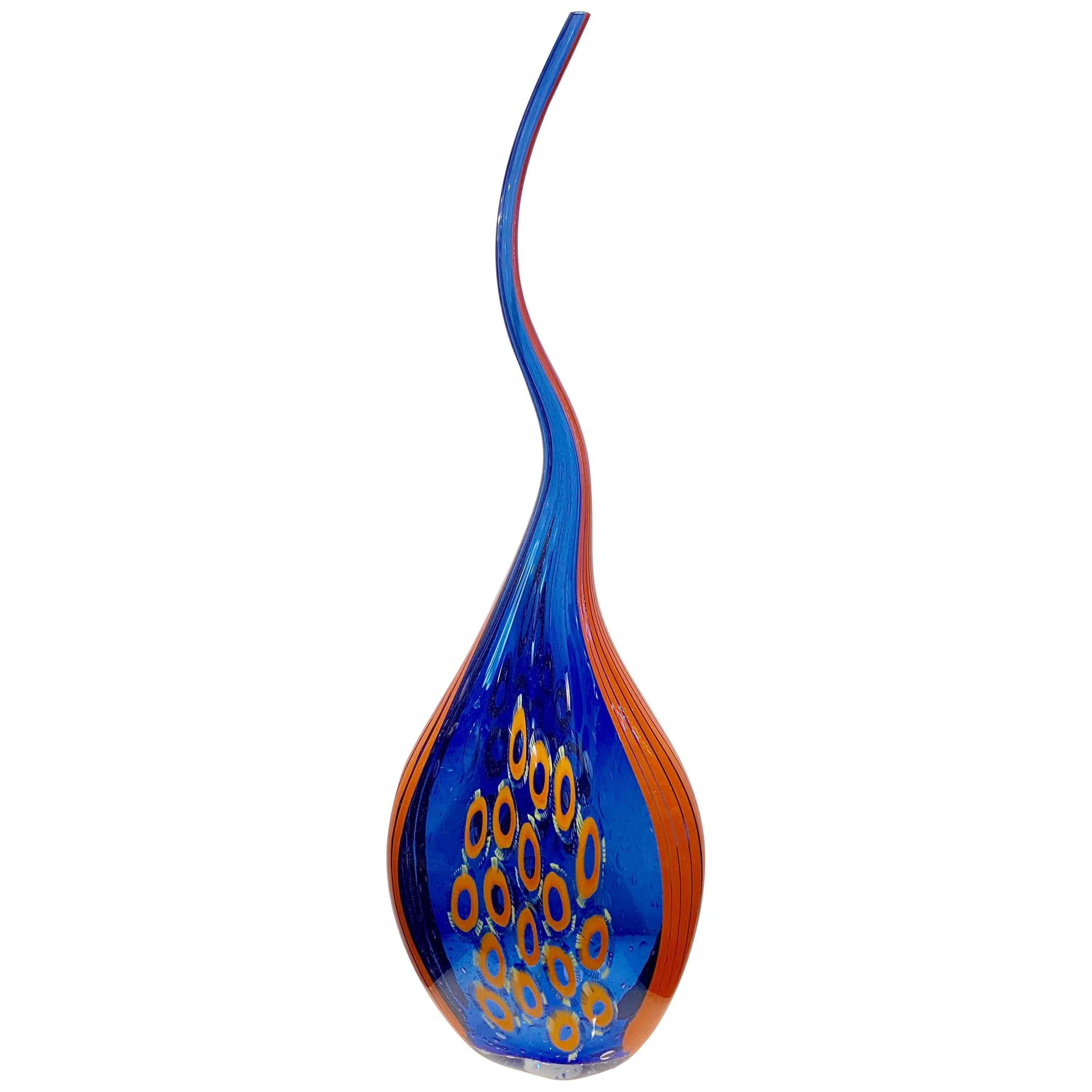 Donà Modern Art Glass Blue and Orange Sculpture Vase with Red and Yellow Murrine