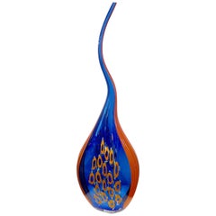 Donà Vase sculptural en verre d'art moderne bleu et orange avec murrine rouge et jaune