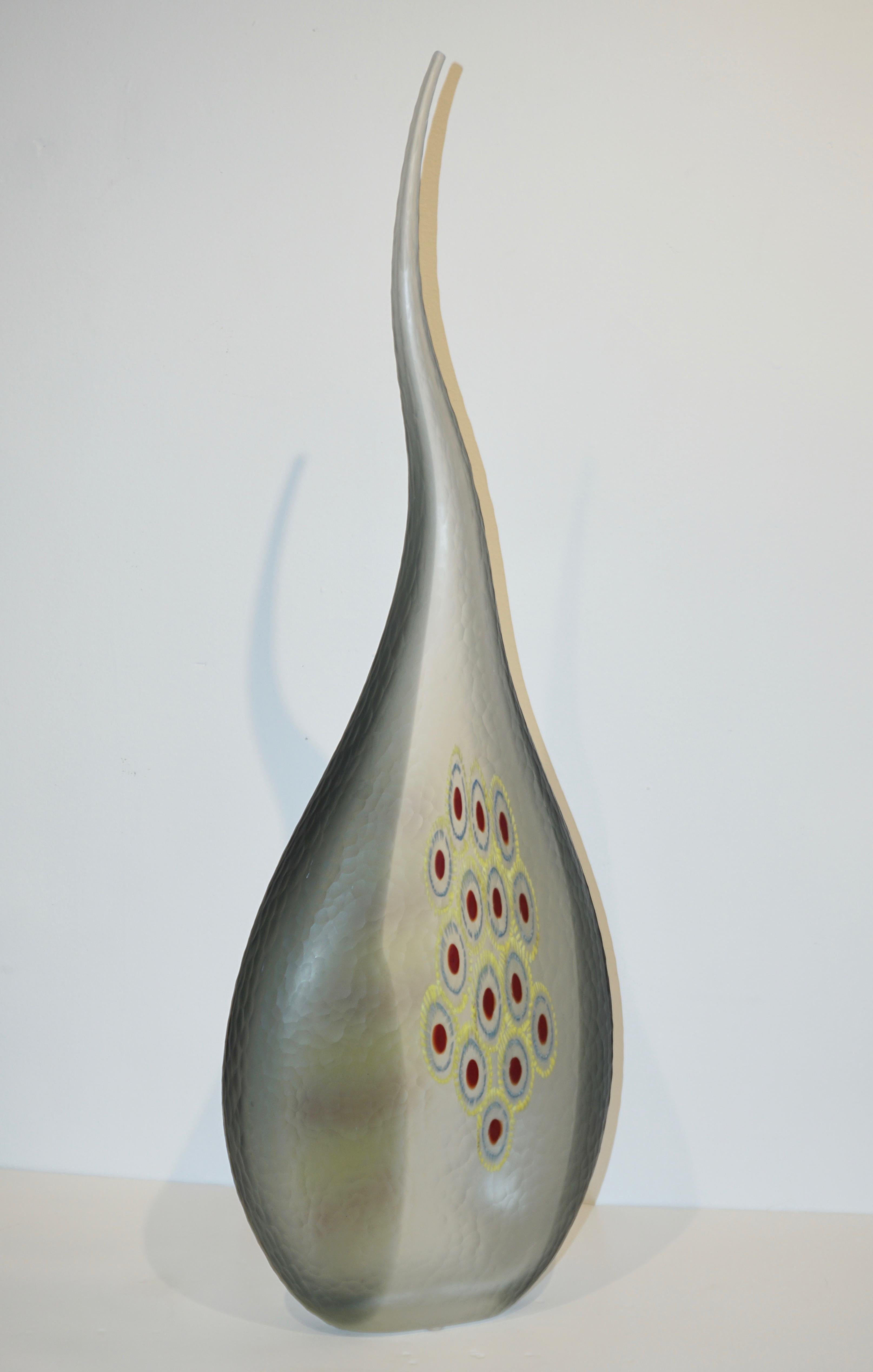 Dona Modern Art Glass Smoked Gray Sculptural Vase with Red and Yellow Murrine For Sale 2