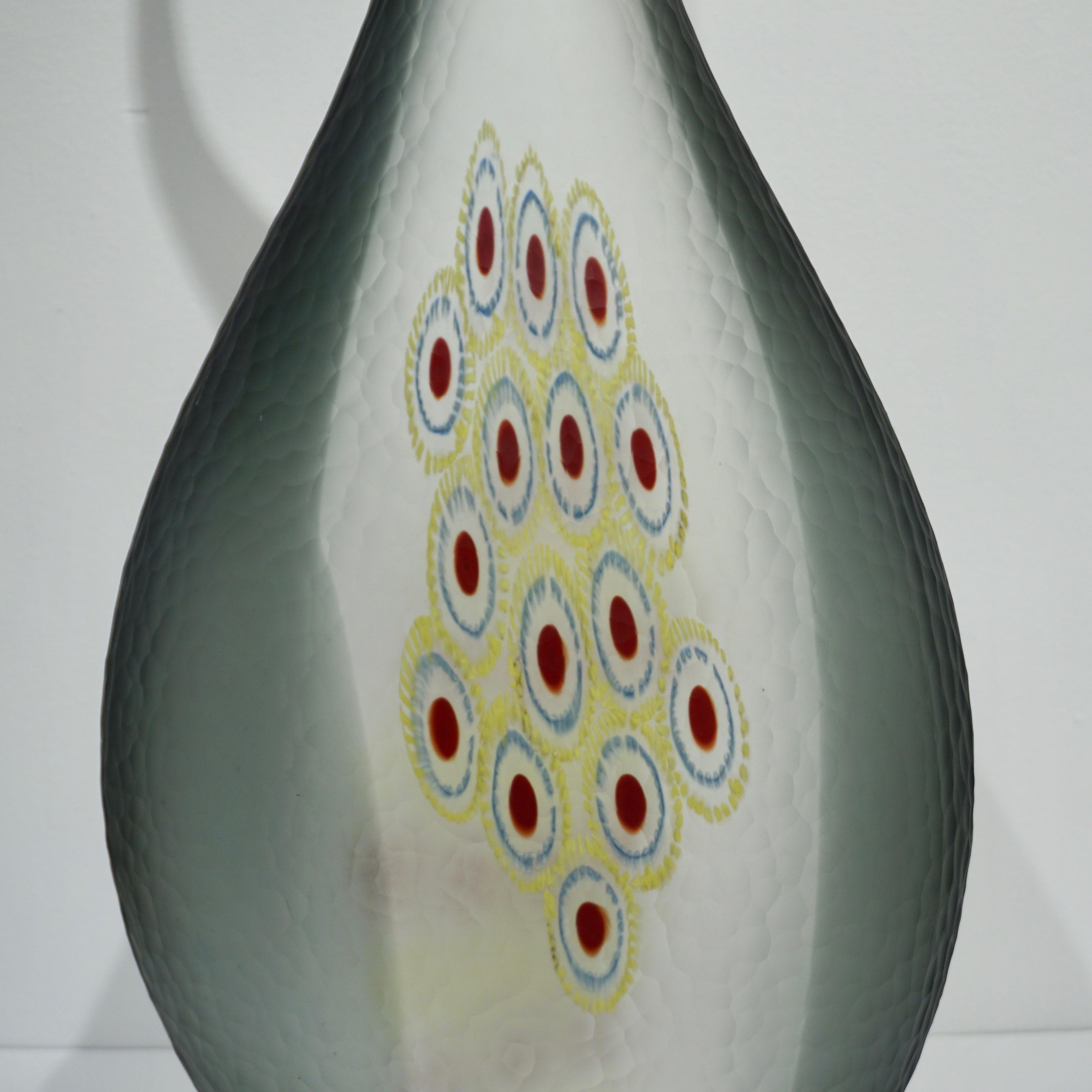 Dona Modern Art Glass Smoked Gray Sculptural Vase with Red and Yellow Murrine For Sale 7