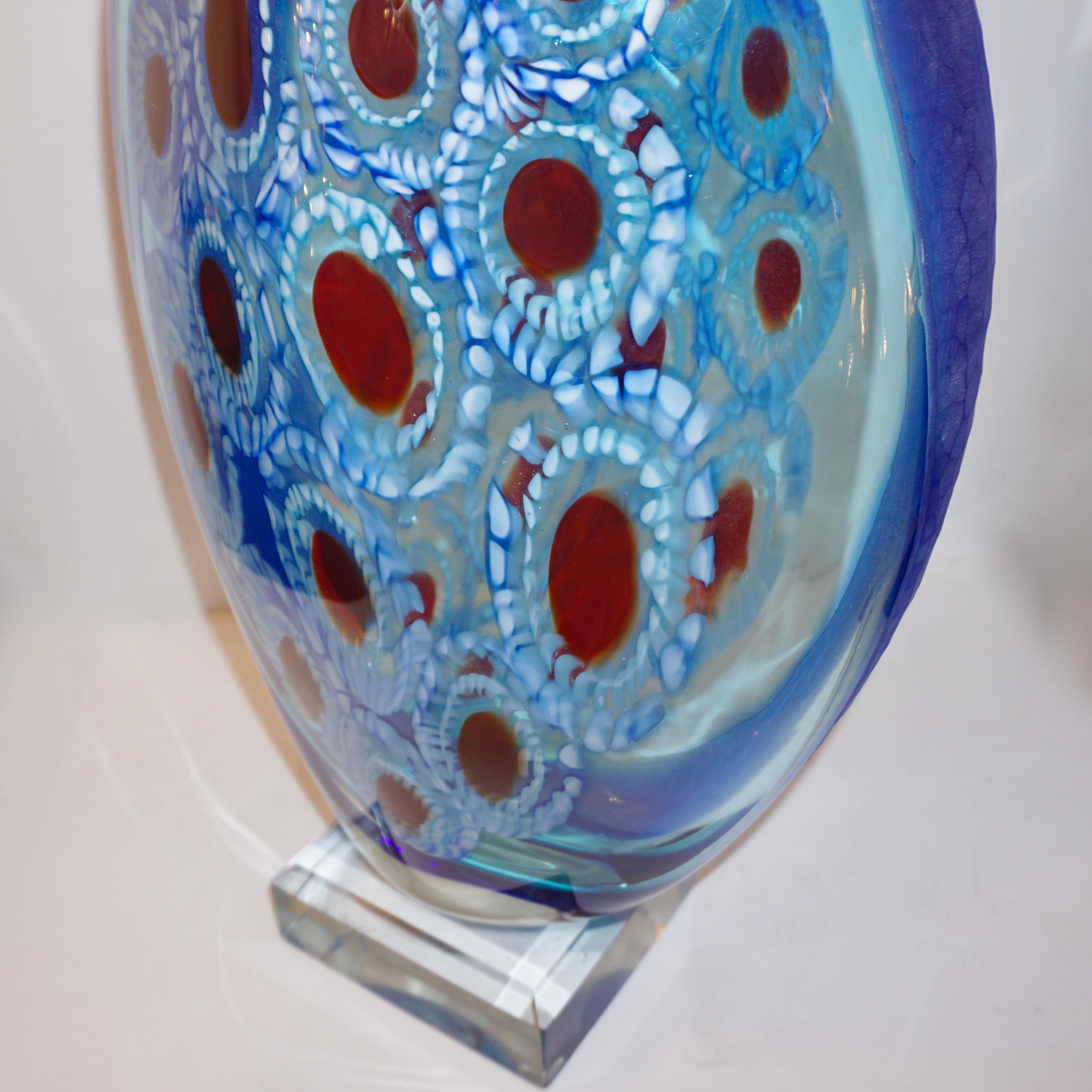Dona Modern Art Murano Glass Sapphire Blue Sculpture Vase with Red White Murrine For Sale 2