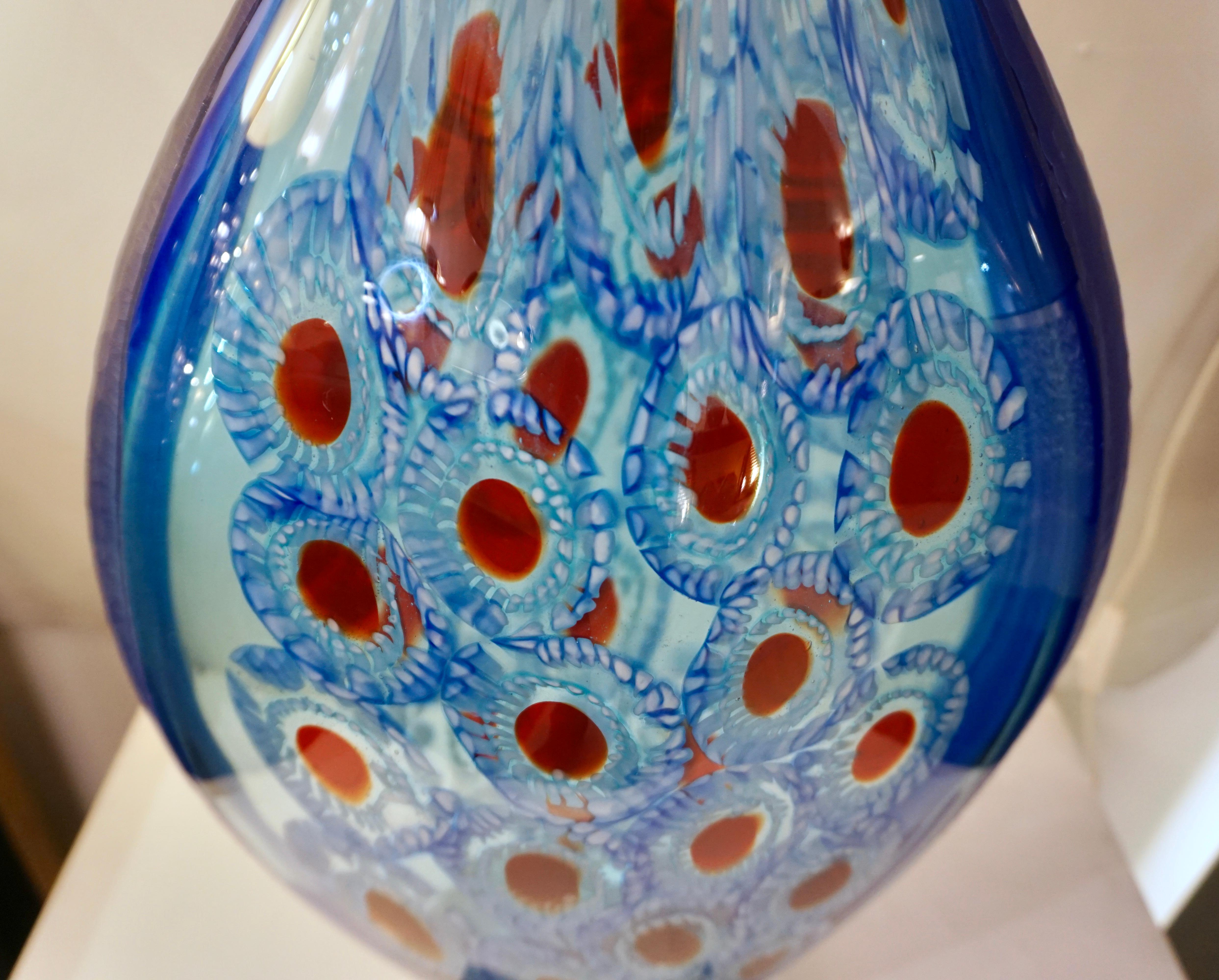 Dona Modern Art Murano Glass Sapphire Blue Sculpture Vase with Red White Murrine For Sale 4