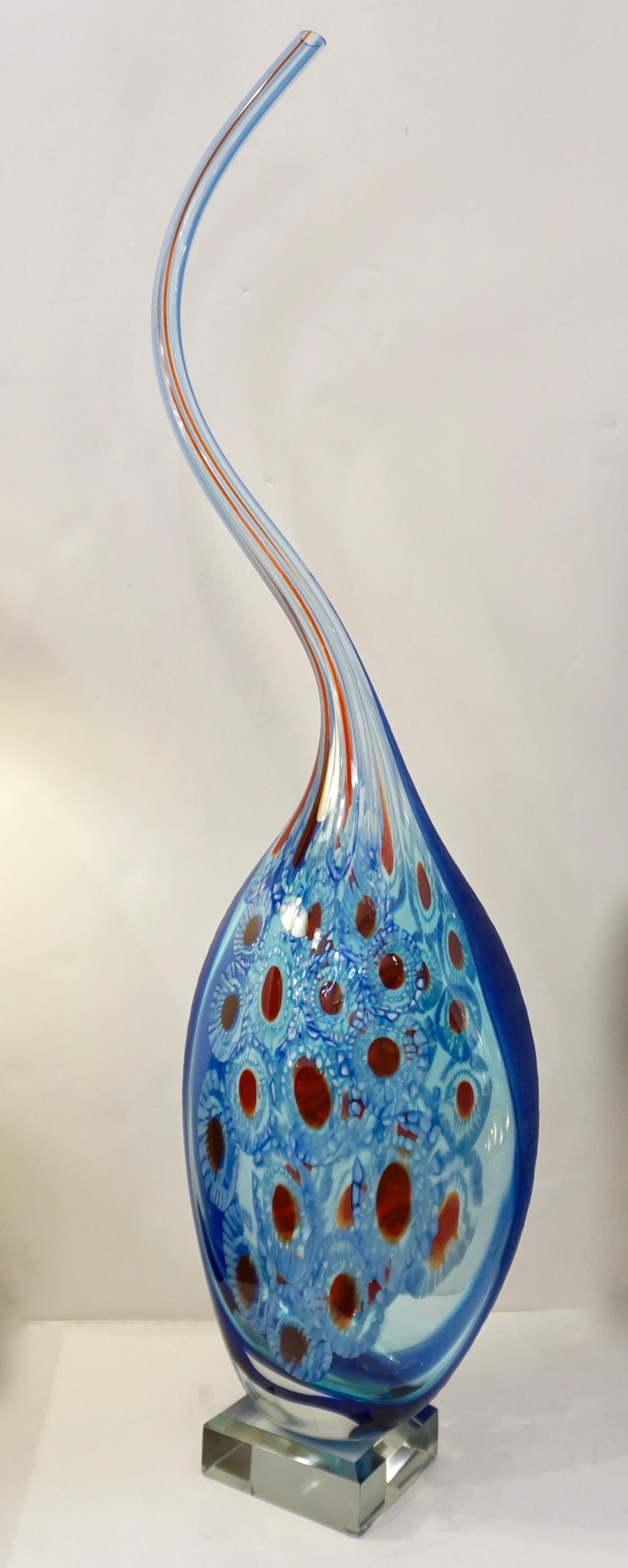 Dona Modern Art Murano Glass Sapphire Blue Sculpture Vase with Red White Murrine For Sale 6