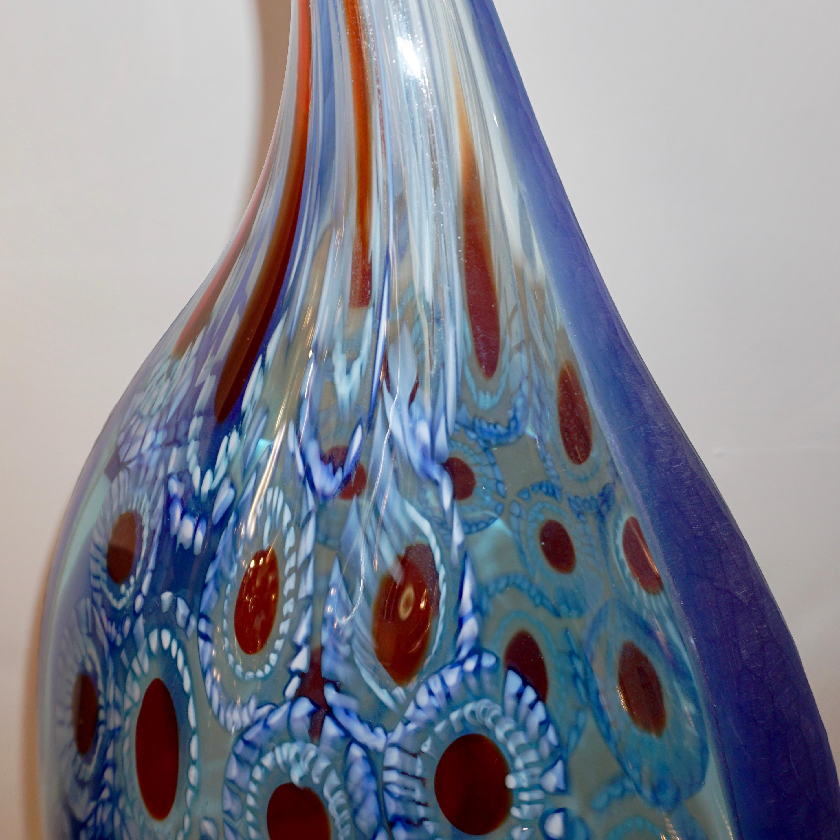 Dona Modern Art Murano Glass Sapphire Blue Sculpture Vase with Red White Murrine For Sale 7