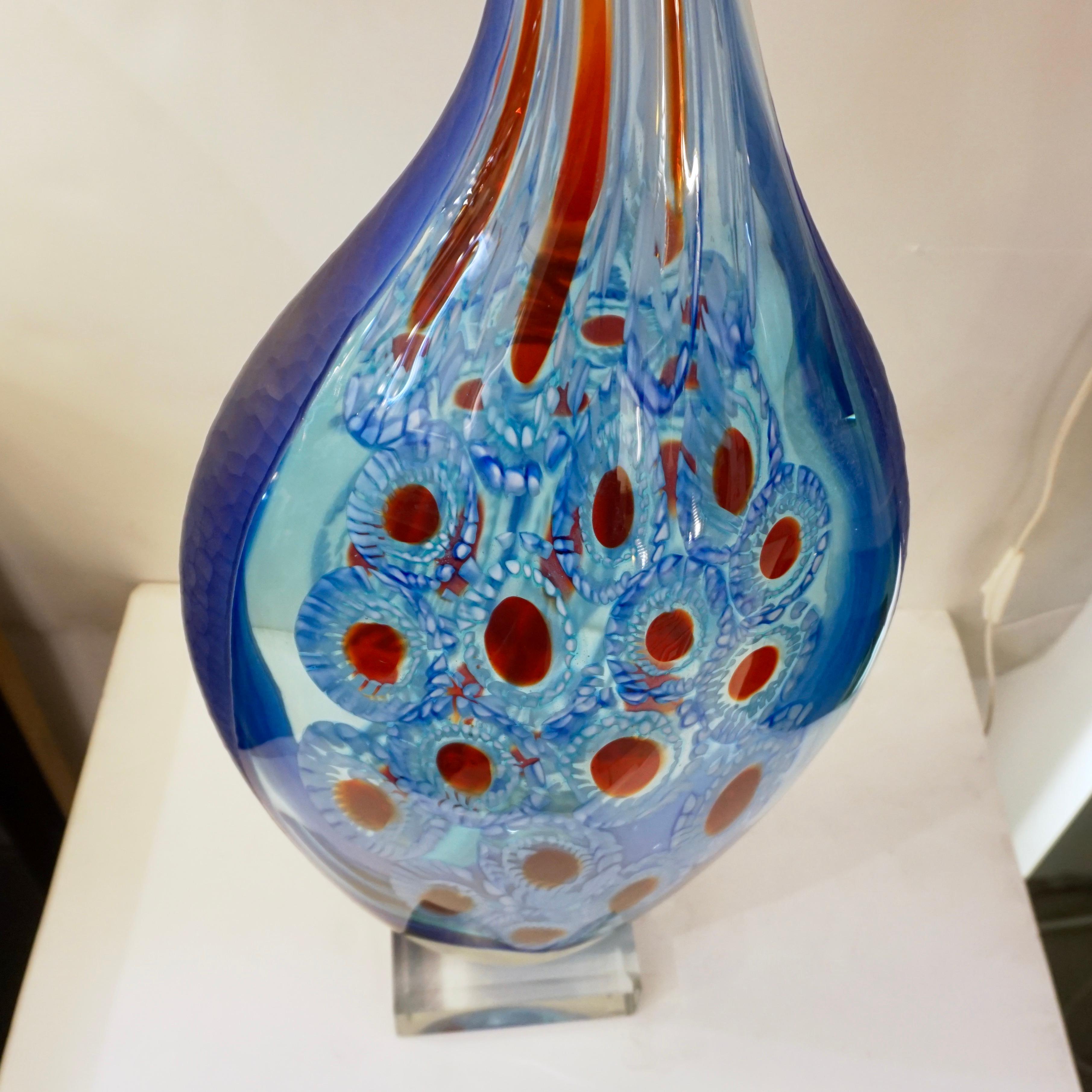 Dona Modern Art Murano Glass Sapphire Blue Sculpture Vase with Red White Murrine For Sale 11