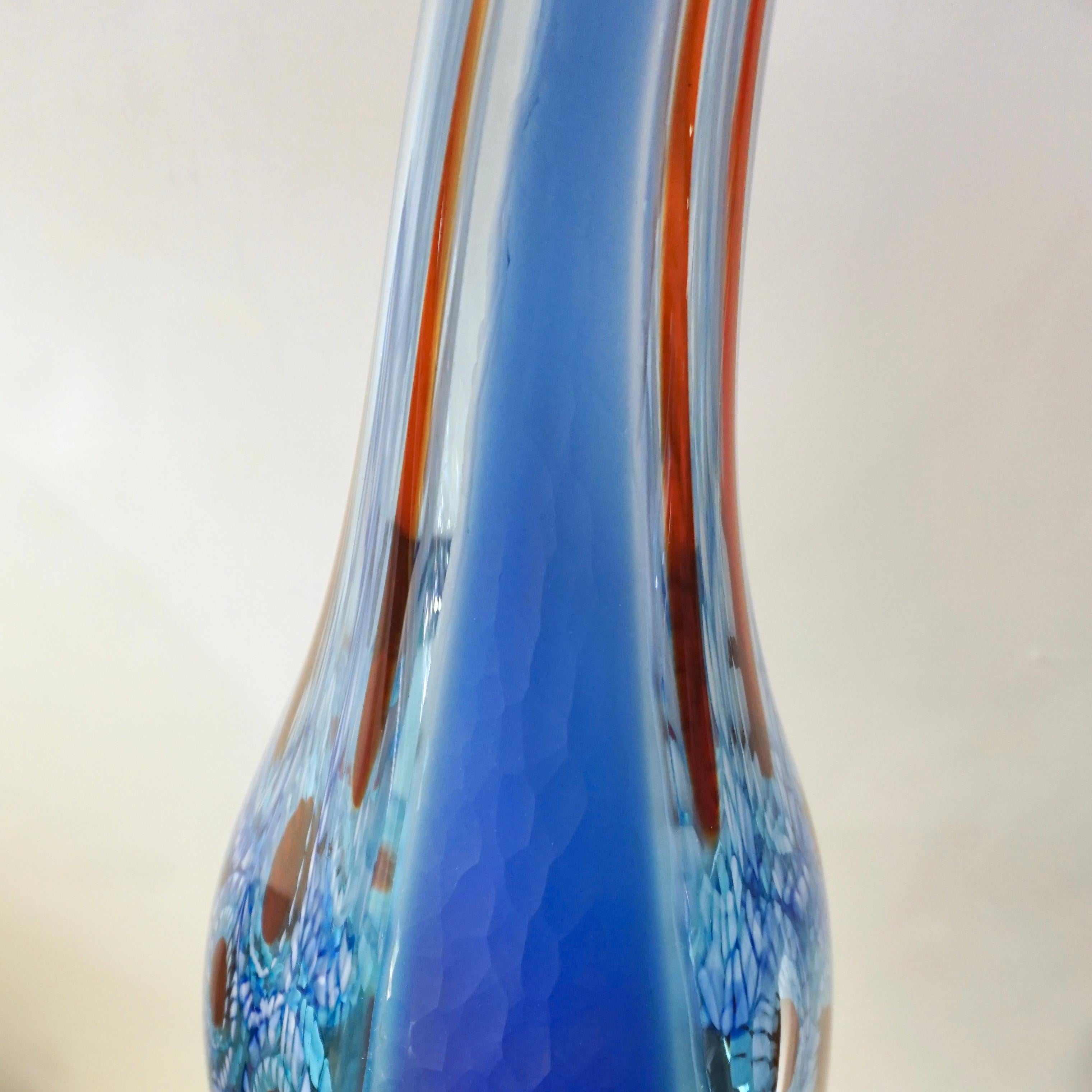 Dona Modern Art Murano Glass Sapphire Blue Sculpture Vase with Red White Murrine For Sale 12