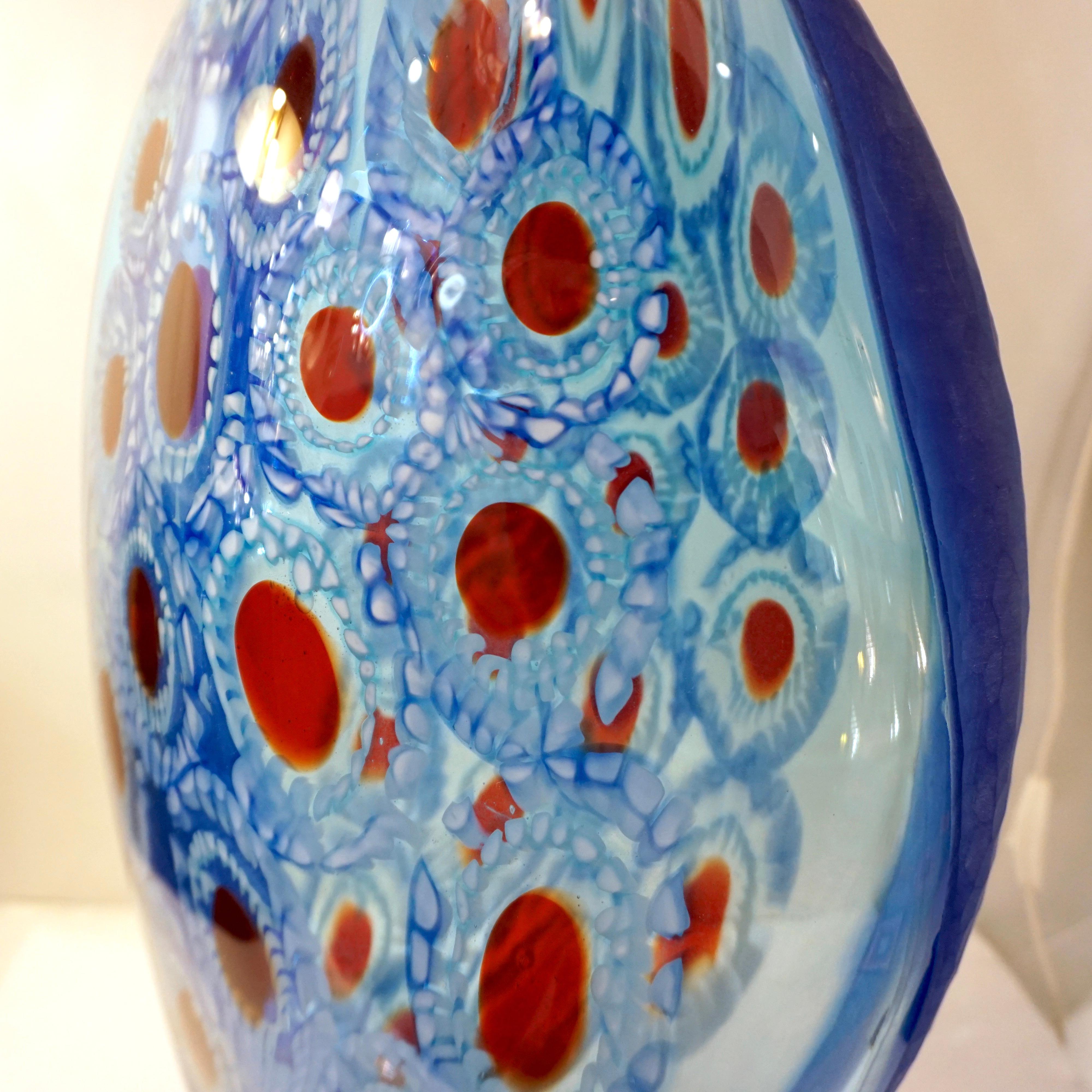 Italian Dona Modern Art Murano Glass Sapphire Blue Sculpture Vase with Red White Murrine For Sale