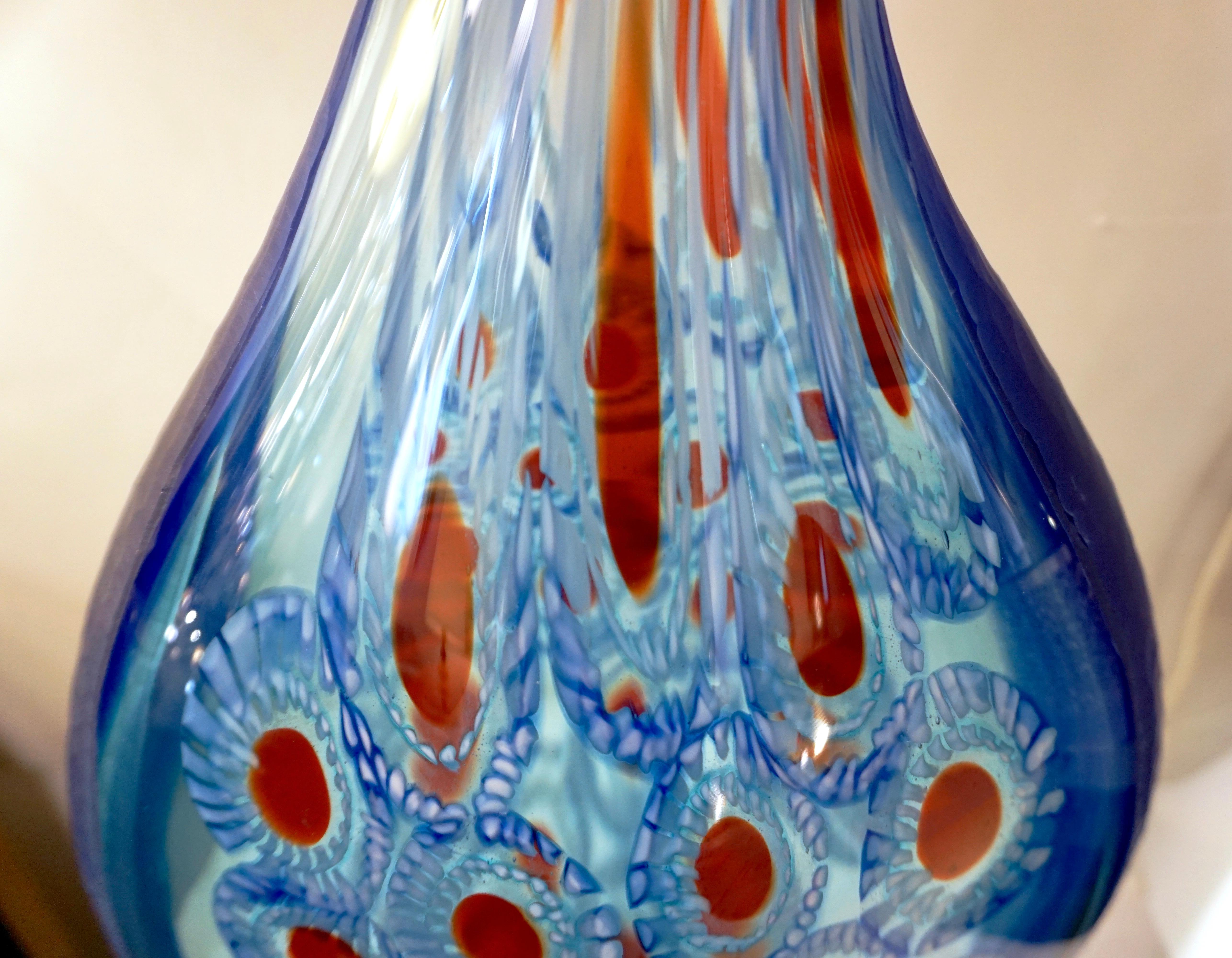 Engraved Dona Modern Art Murano Glass Sapphire Blue Sculpture Vase with Red White Murrine For Sale