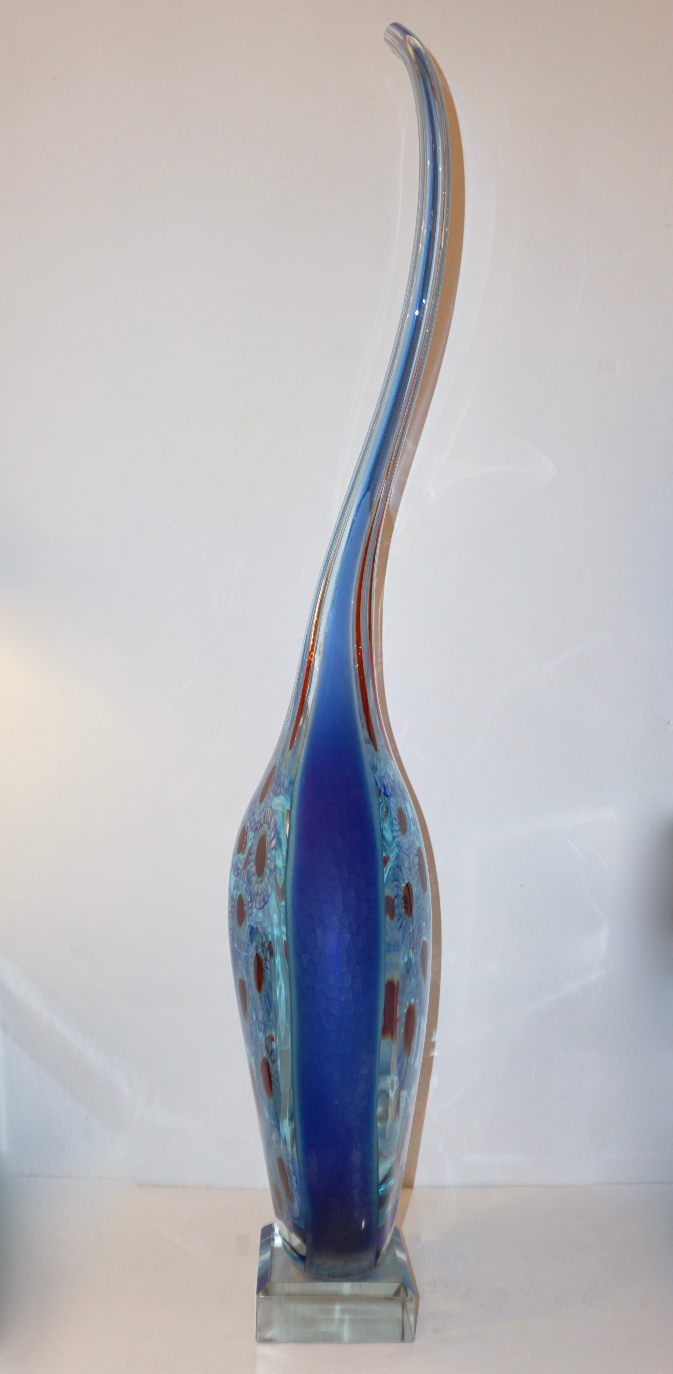 Dona Modern Art Murano Glass Sapphire Blue Sculpture Vase with Red White Murrine For Sale 1