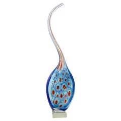 Dona Modern Art Murano Glass Sapphire Blue Sculpture Vase with Red White Murrine