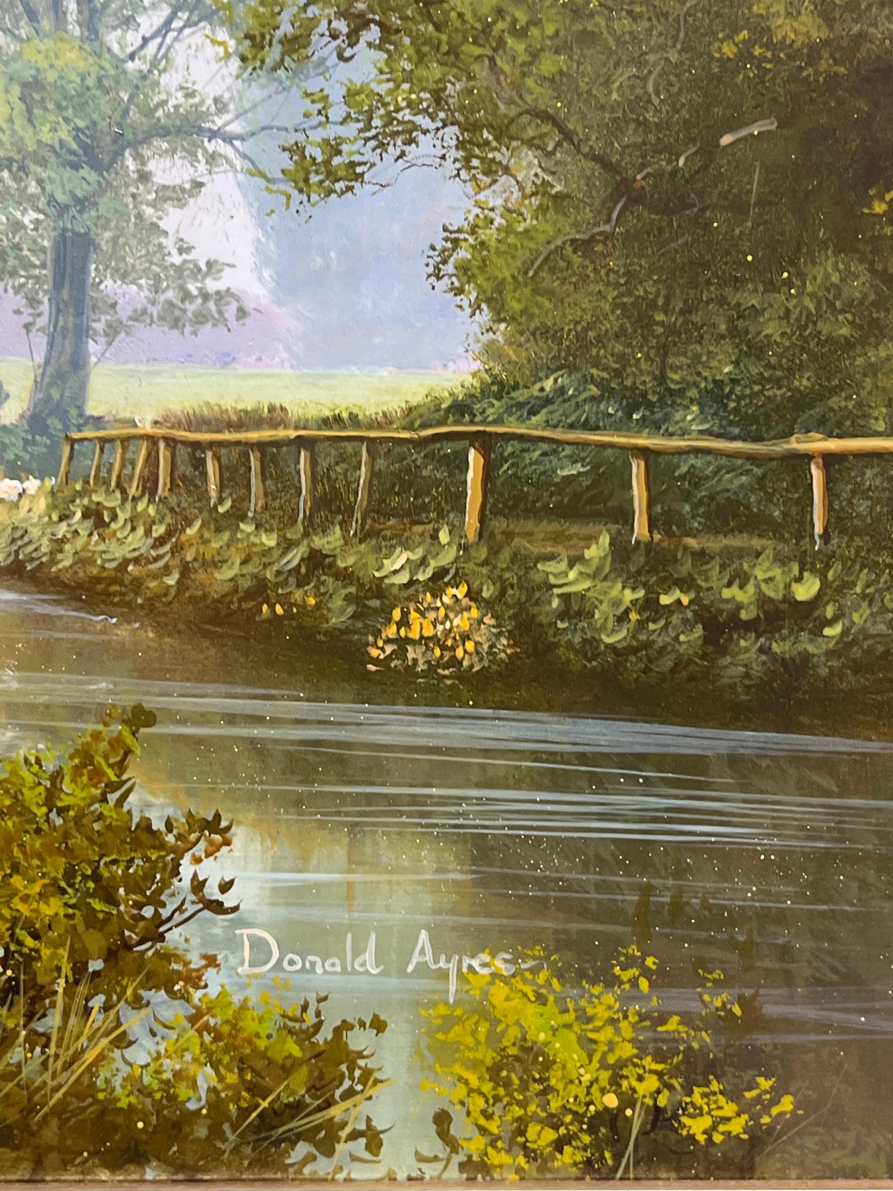 Feine britische Ölgemälde Fliegenfischen auf ruhigen Fluss Landschaft Lush Bäume (Englische Schule), Painting, von Donald Ayres