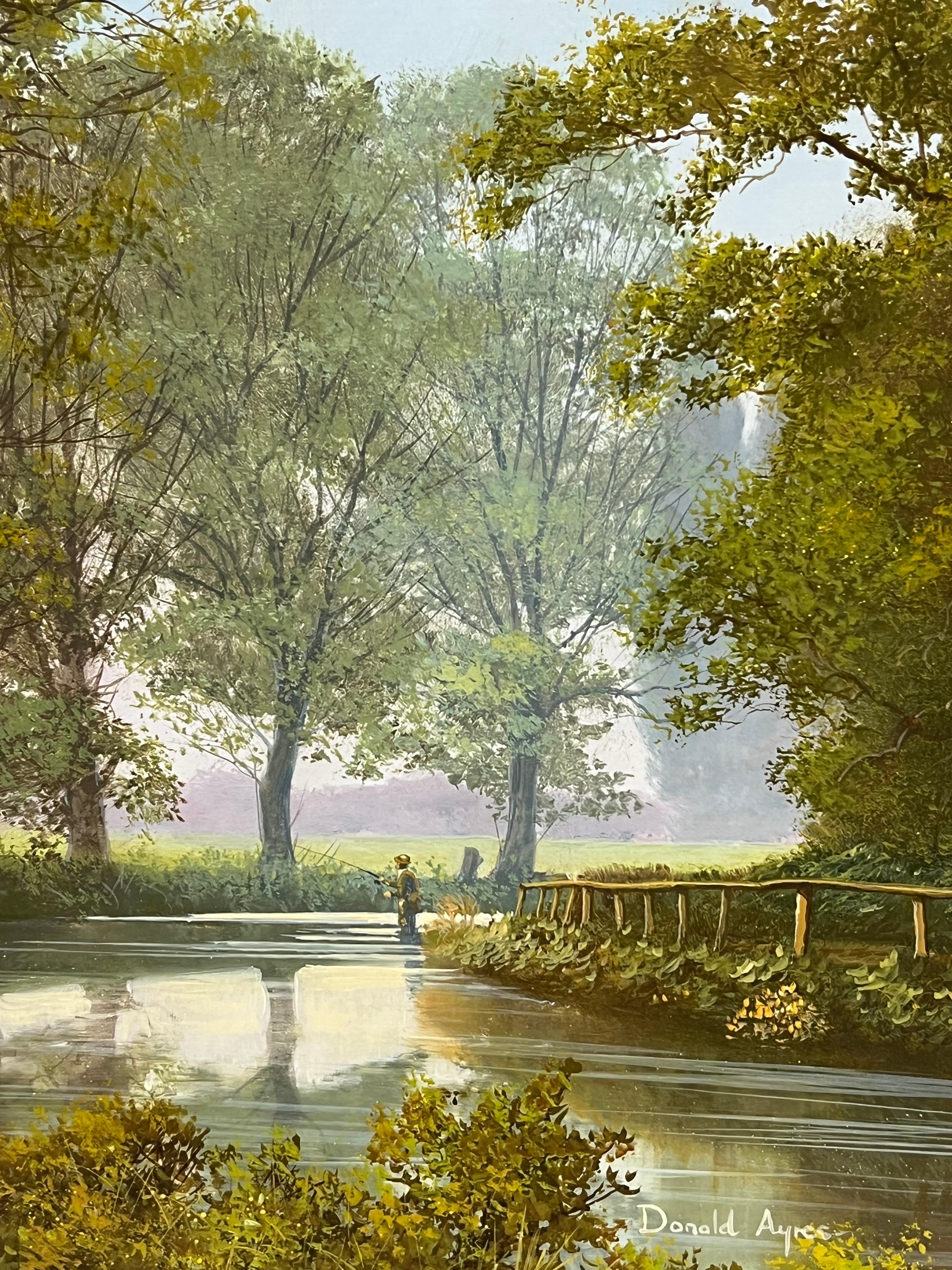 Feine britische Ölgemälde Fliegenfischen auf ruhigen Fluss Landschaft Lush Bäume im Angebot 1