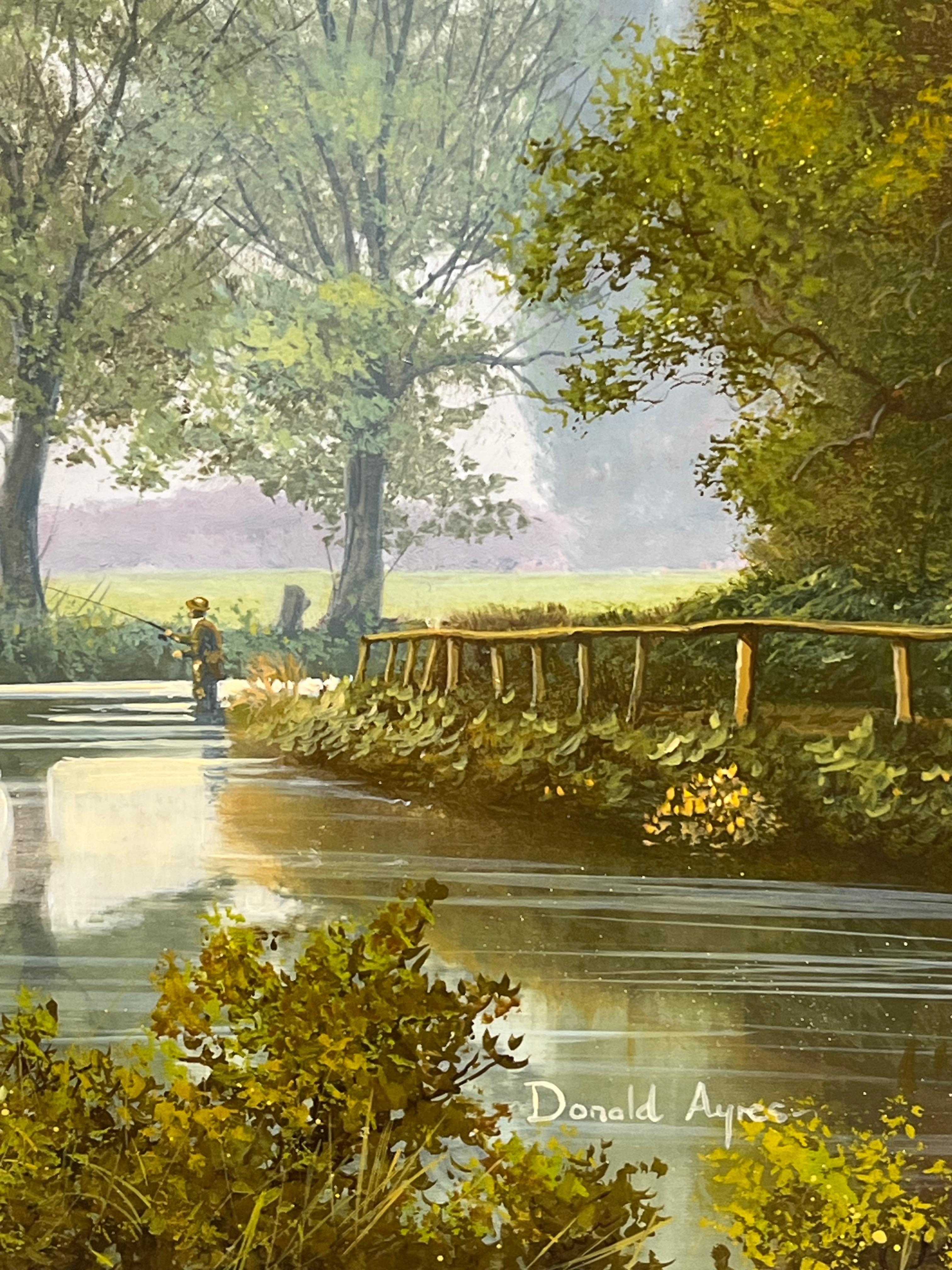 Feine britische Ölgemälde Fliegenfischen auf ruhigen Fluss Landschaft Lush Bäume im Angebot 2