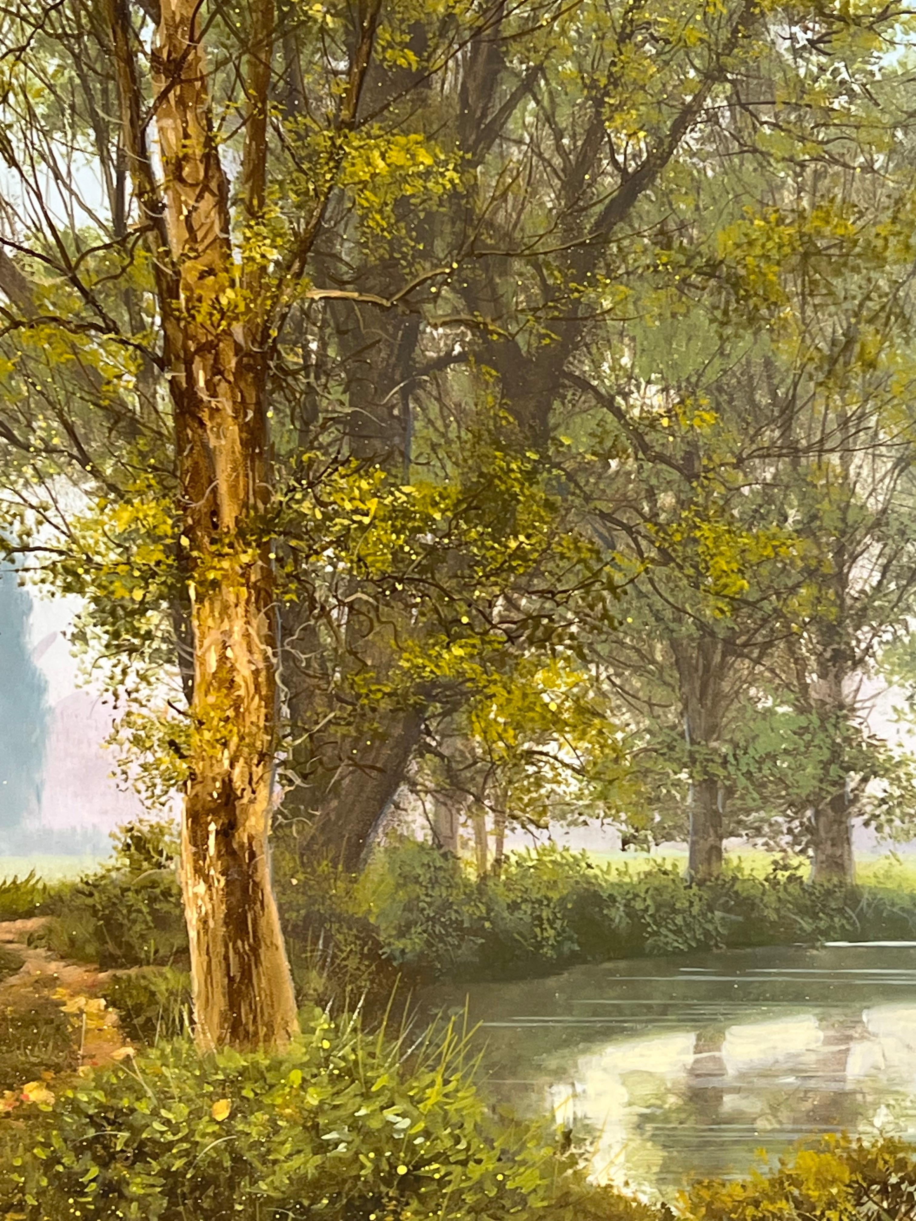Feine britische Ölgemälde Fliegenfischen auf ruhigen Fluss Landschaft Lush Bäume im Angebot 3