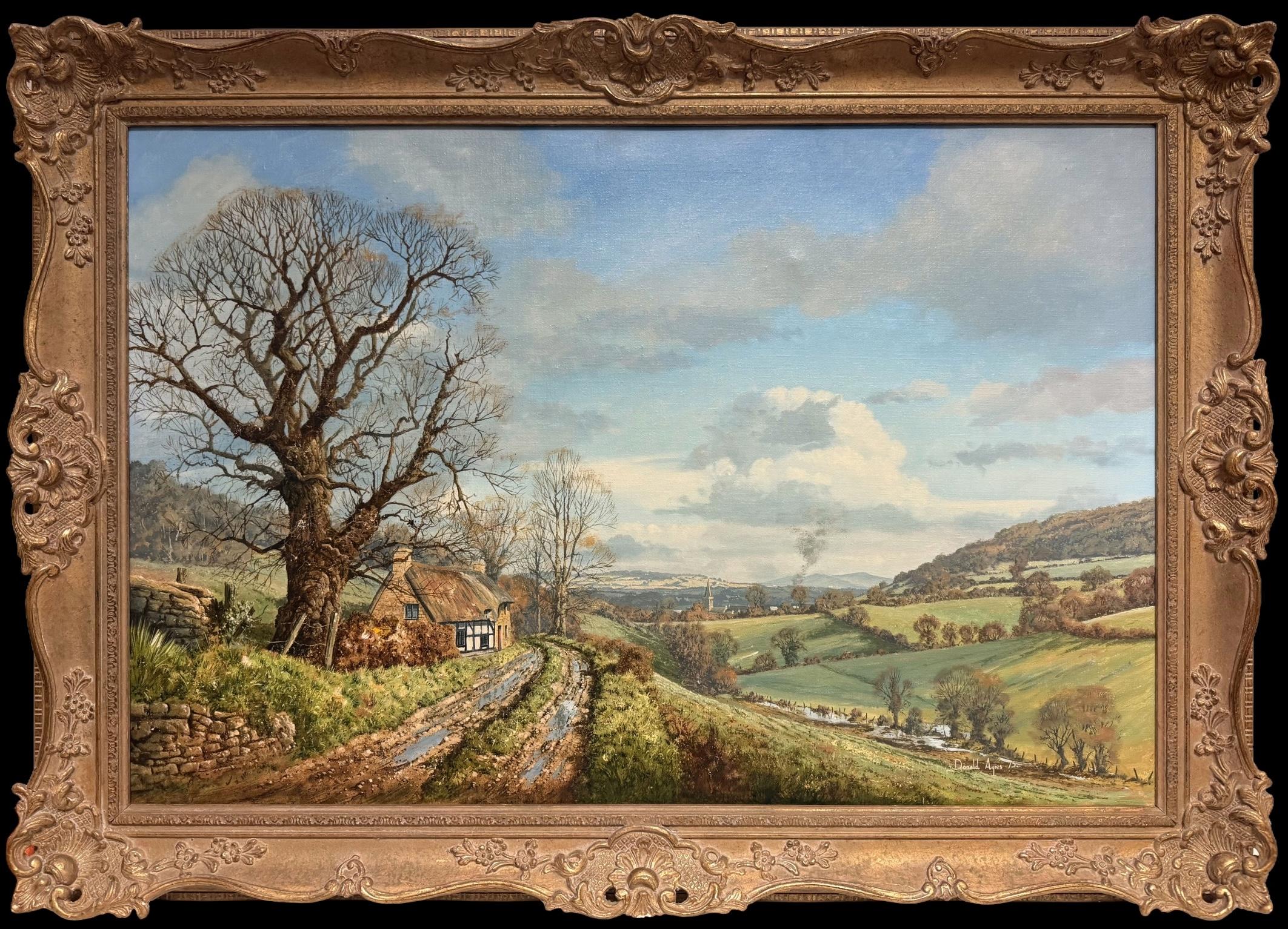 Fine Large British Countryside Farm Landscape Oil Painting with Thatched Cottage