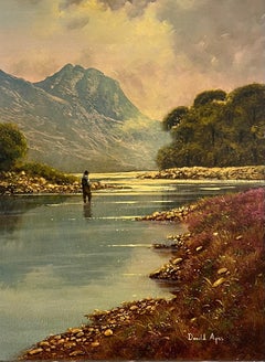 Peinture à l'huile britannique signée Loch Maree, pêcheur des Highlands écossais, encadrée