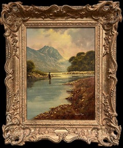 Fisherman in Scottish Highlands Loch Maree Signed British Oil Painting Framed